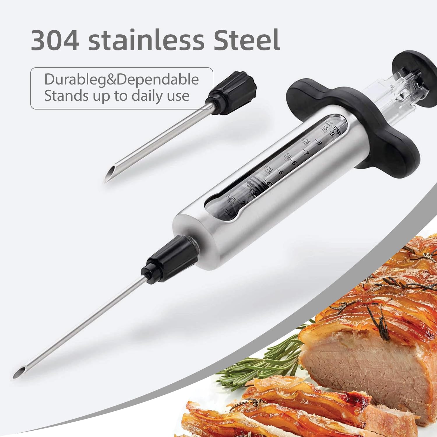 Kitchen Meat Injector, Leak-Proof Stainless Steel Flavor Marinade Syringe with 2 Different Needles and 1.5-oz Measurement Window,Perfect for Smoking, Frying, and Brining Meat for Deep Seasoning(MI-01) - Image 2