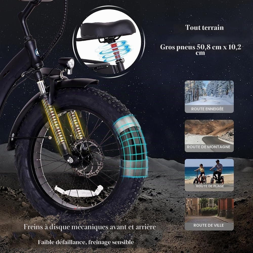 Vélo Pliant À Trois Roues pour Adultes,Batterie 48V 13Ah,Pneus Larges 20X4,7 Vitesses,Phare LED,Tableau De Bord,Grand Panier,Freins À Disque Doubles,Vélo Tout-Terrain pour Seniors