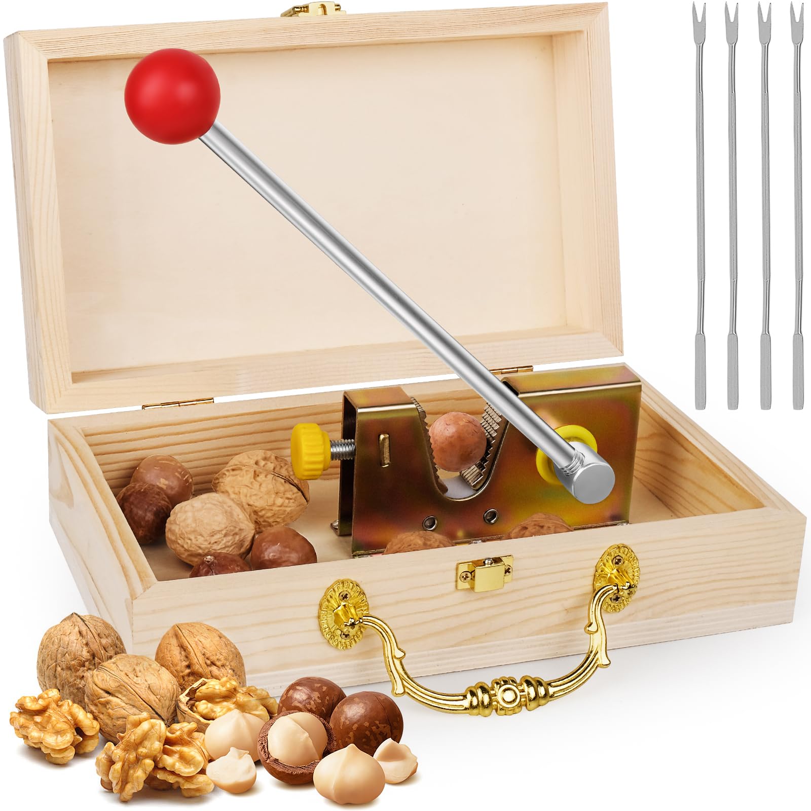Nut Cracker for All Nuts Heavy Duty Walnut Cracker with Wooden Gift Box Adjustable Nut Tongs Portable Manual Nut Cracker Tool for Walnut Pecan Macadamia Hazelnuts Chestnuts and More-4 Picks Included