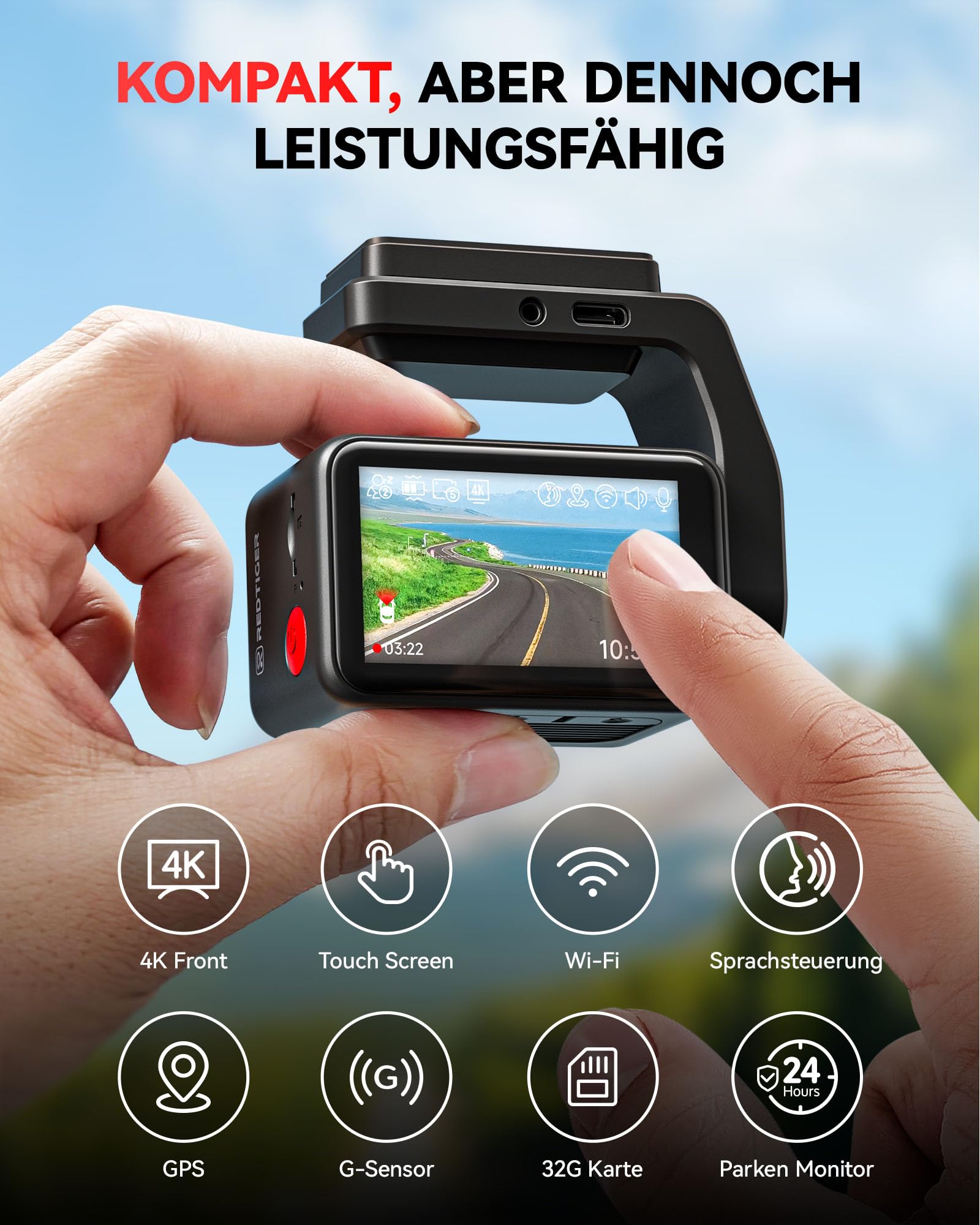 REDTIGER F4 4K Dashcam Auto Vorne, 2,2 Zoll Mini Auto Kamera,Touchscreen, Sprachsteuerung,Inklusive 32GB Karte, Nachtsicht,WiFi,APP Steuerung, Schleifenaufzeichnung, 24-Stunden-Parküberwachung