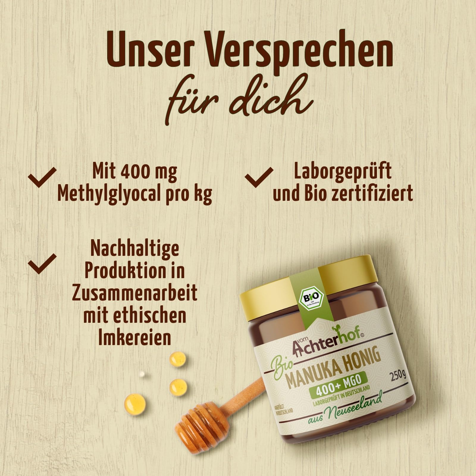 Bio Manuka Honig | 250g | 100% BIO | mit 400+ MGO | in Deutschland laborgeprüfter Methylglyoxal Wert | reines Naturprodukt aus Neuseeland | aus ethischer Imkerei | vom Achterhof