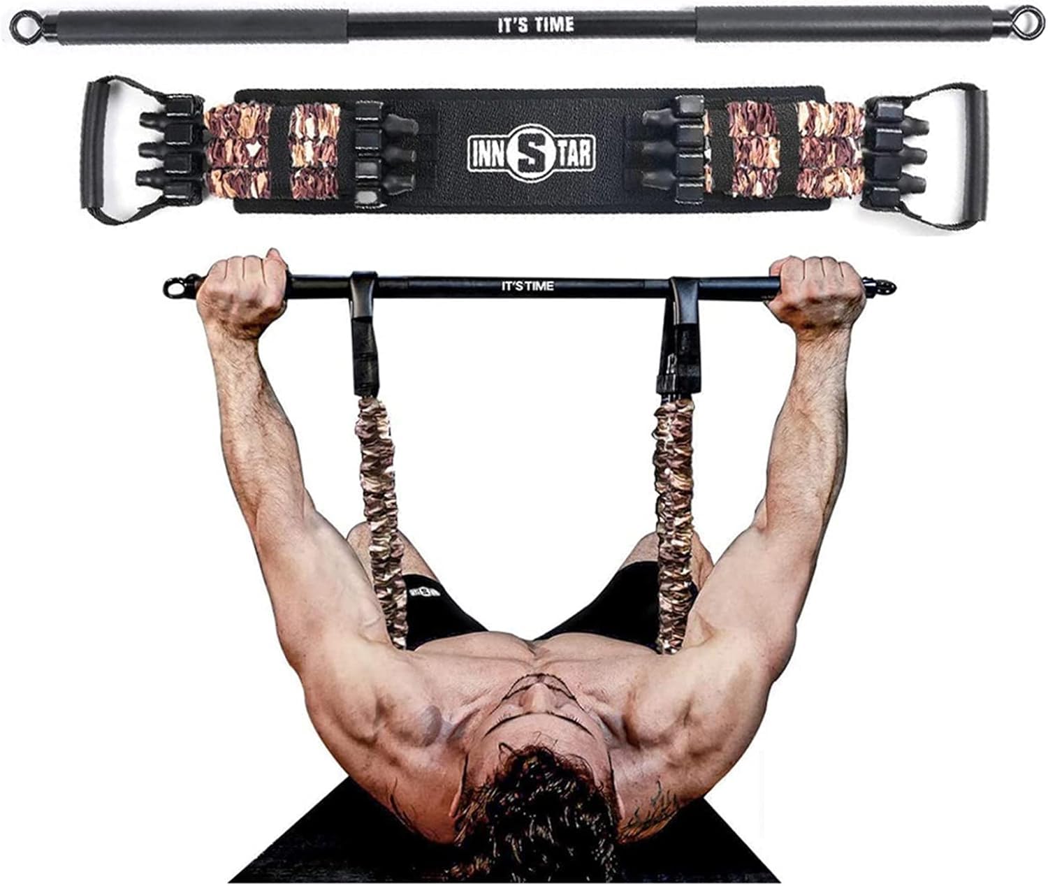 INNSTAR Portable Resistance Bands, Adjustable Resistance Bands with 91 cm Fitness Bar, Fitness Bands for Expander, Arm, Back, Biceps and Chest Trainer, Strength Training (Men, 200 lb with Bar)