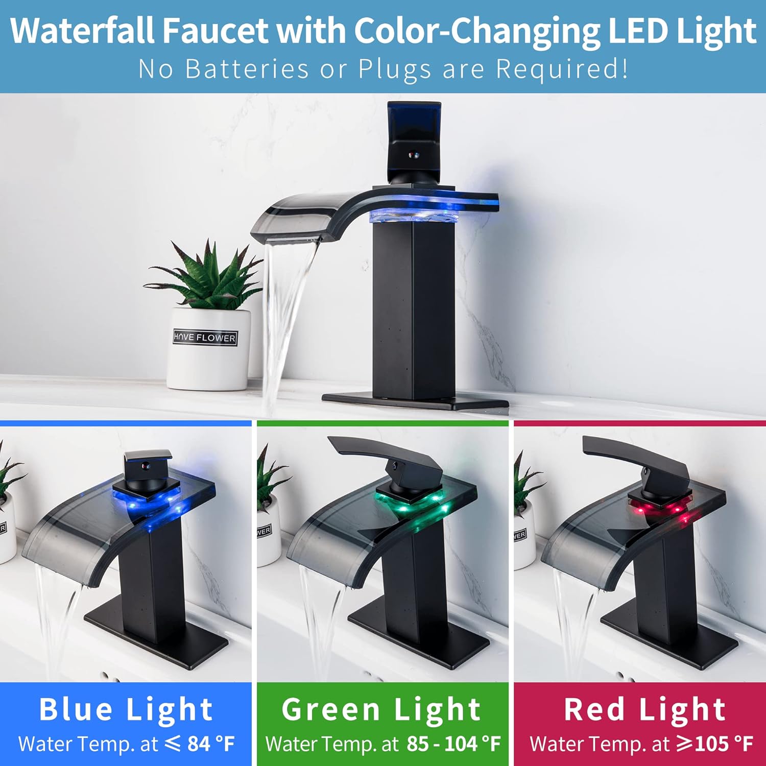 LED Black Waterfall Bathroom Faucet, Bathroom Sink Faucet , 1 Hole, 4 Inch Centerset - Image 2