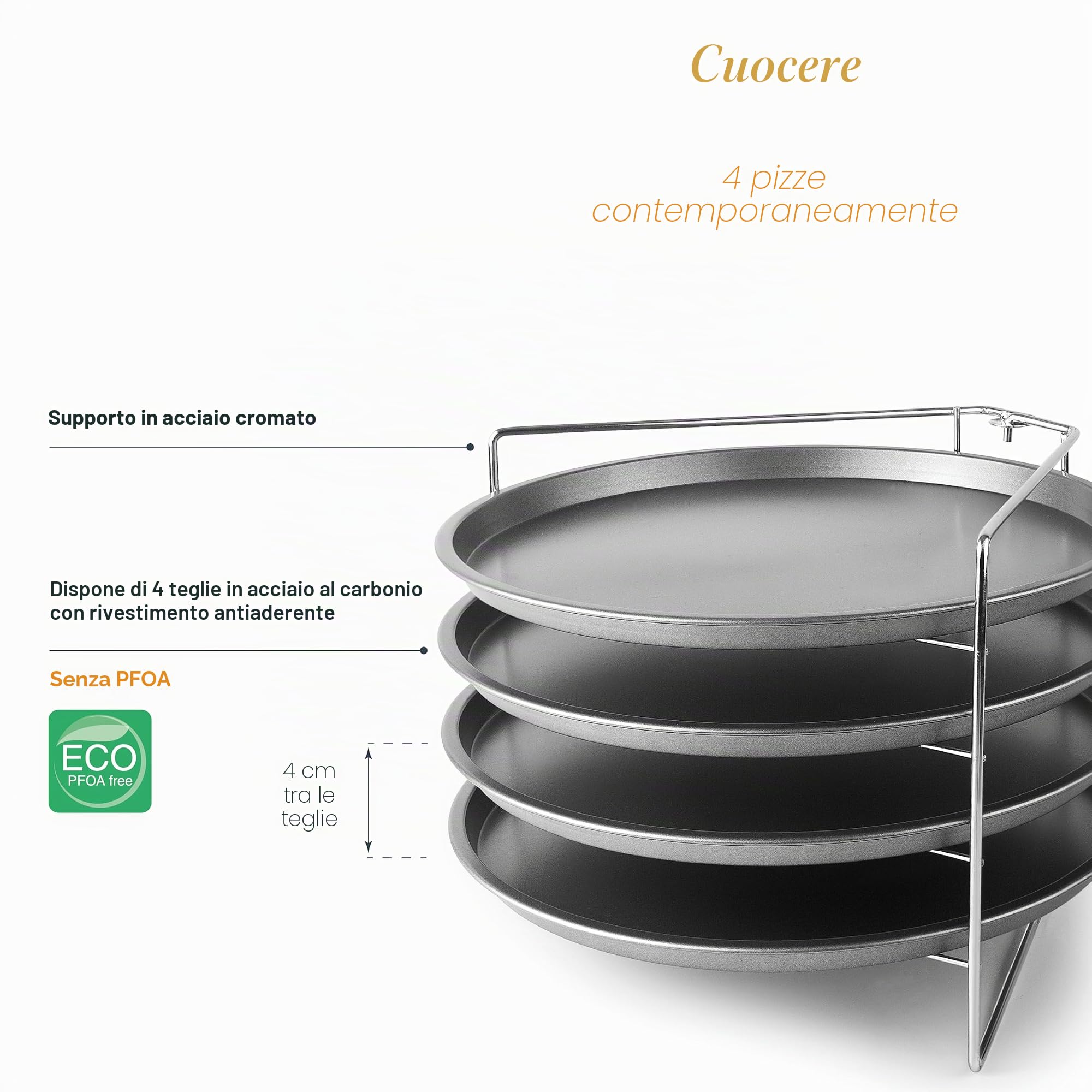 Lacor - 61462 - Alzata per Pizza, 4 Teglie e Portacanne, Teglie in Acciaio al Carbonio, Resistente alle Alte Temperature, Multifunzione, 100% senza PFOA