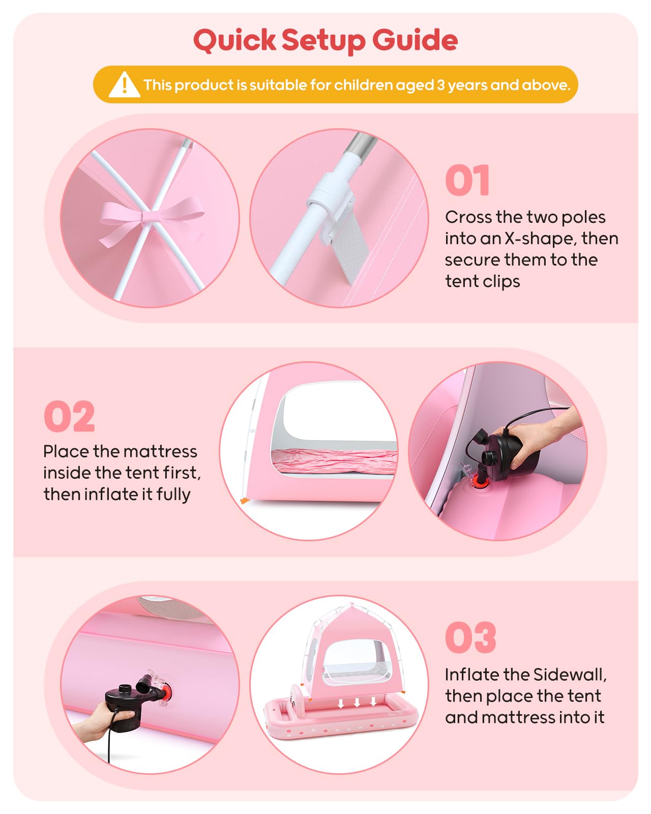 QPAU - Cama Inflable de Viaje para niños pequeños con Tienda de campaña, Color Rosa