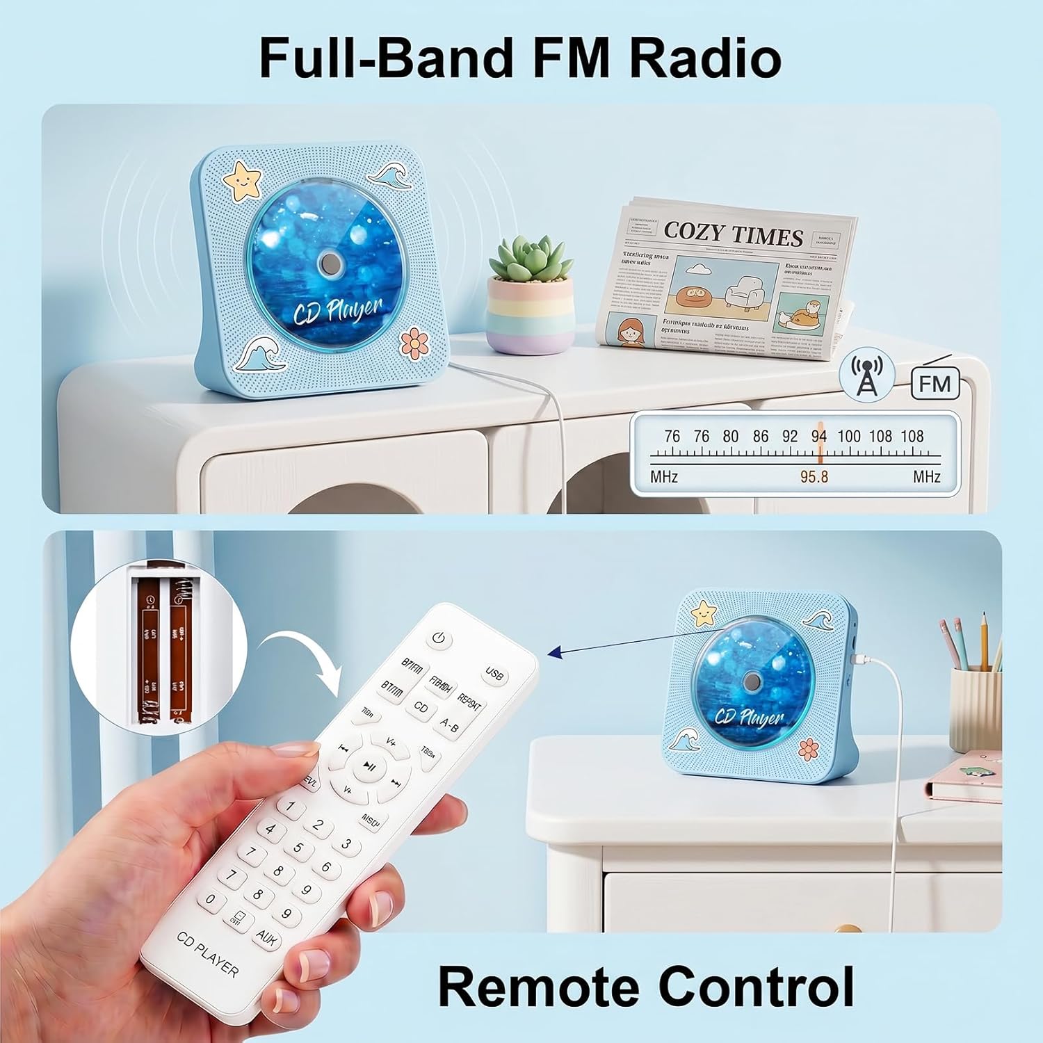 Gueray CD Player Portable Bluetooth Desktop CD Player for Home with Timer Built-in HiFi Speakers with LCD Screen Display Boombox FM Radio USB Type-c (Blue)