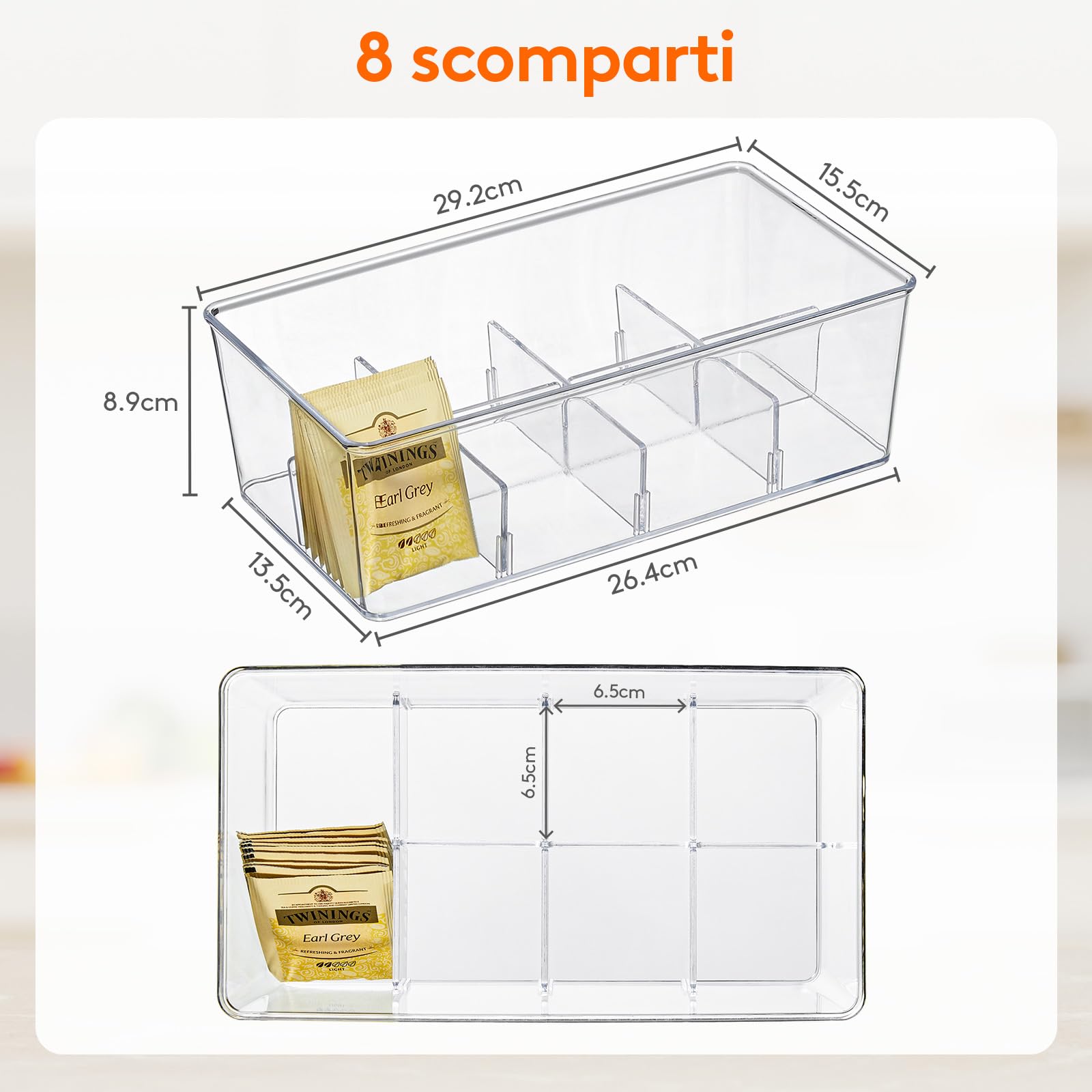Lifewit Scatola da tè, Porta Tisane, Scatola Portaoggetti Plastica, Scatola da tè con 8 Scomparti, Porta Bustine The e Tisane, Scatola Spezie per Cucina, Cassetto, Trasparente, 2 Pezzi, 29cm(L)