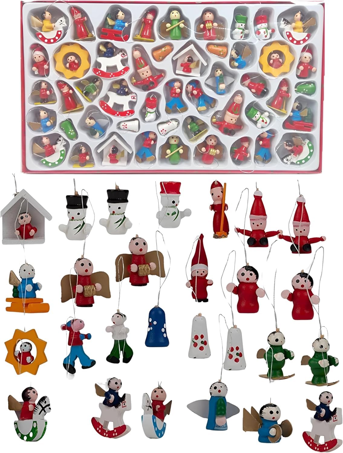 Christmas Tree Hanging Decorations 48pc Set - Fine Detail Hand Made Traditional Wooden Ornaments Festive Display
