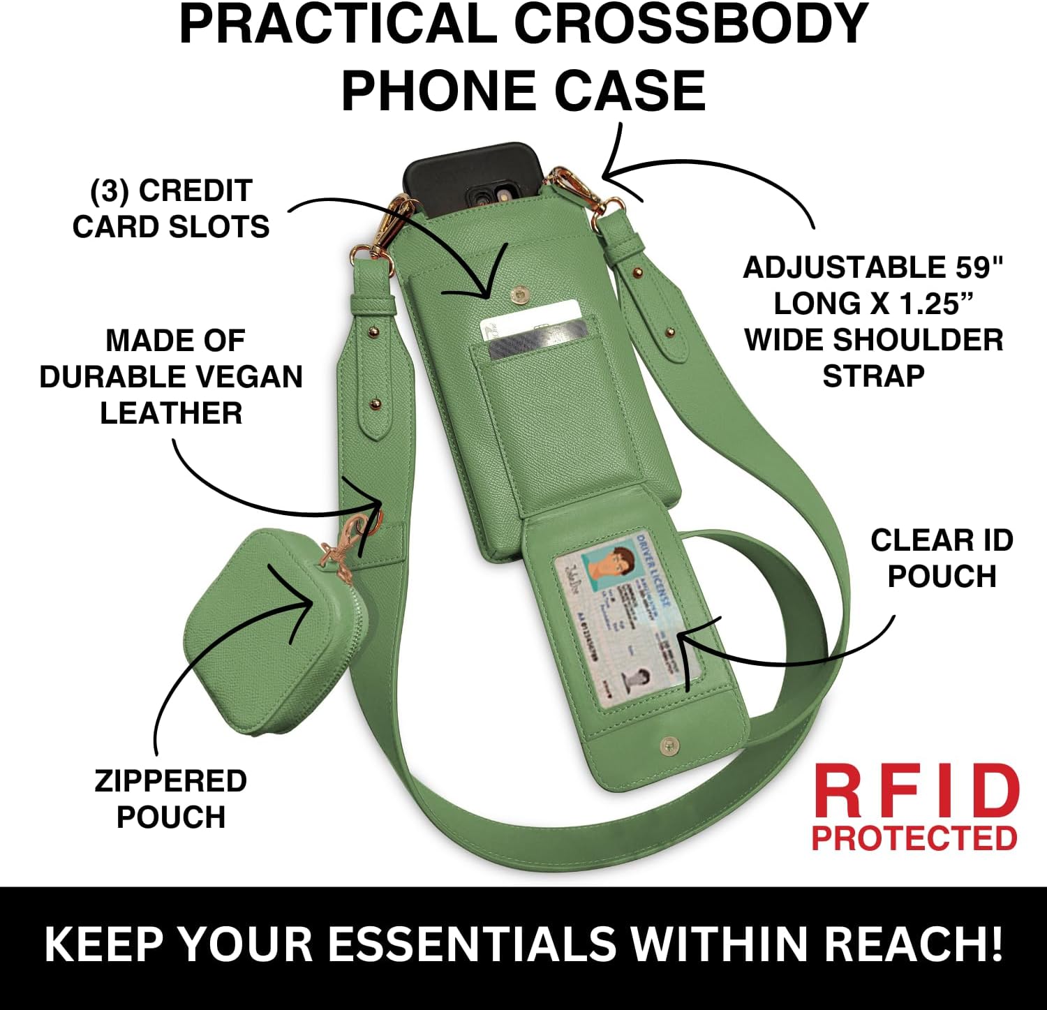 Save the Girls Crossbody Phone Purse (Green) - Touch Screen Handbags for Women - Phone Strap with Zippered Pouch & Sling Crossbody (Boca) - Image 3