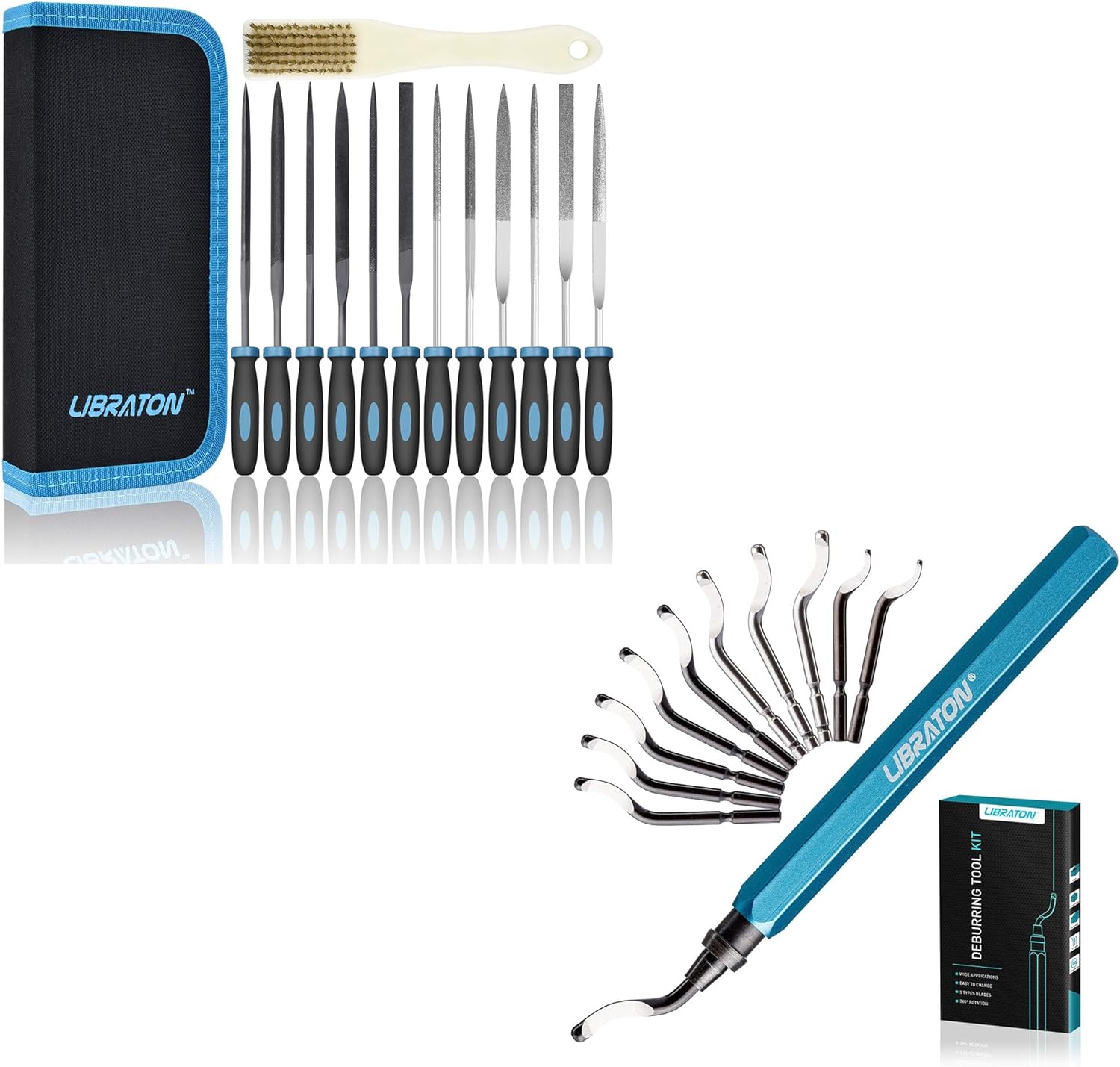 LIBRATON 13PCS Small File Set, and 12PCS Deburring Tool Kit, for Metalworking, Woodworking