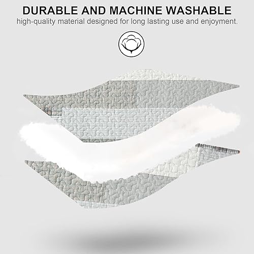 Miniatura 6 de PANGUSHAN Juego de edredón tamaño King, juego de ropa de cama 100% algodón, gris (gris)cremacaqui, retazos a cuadros, rústico, reversible, ligero,