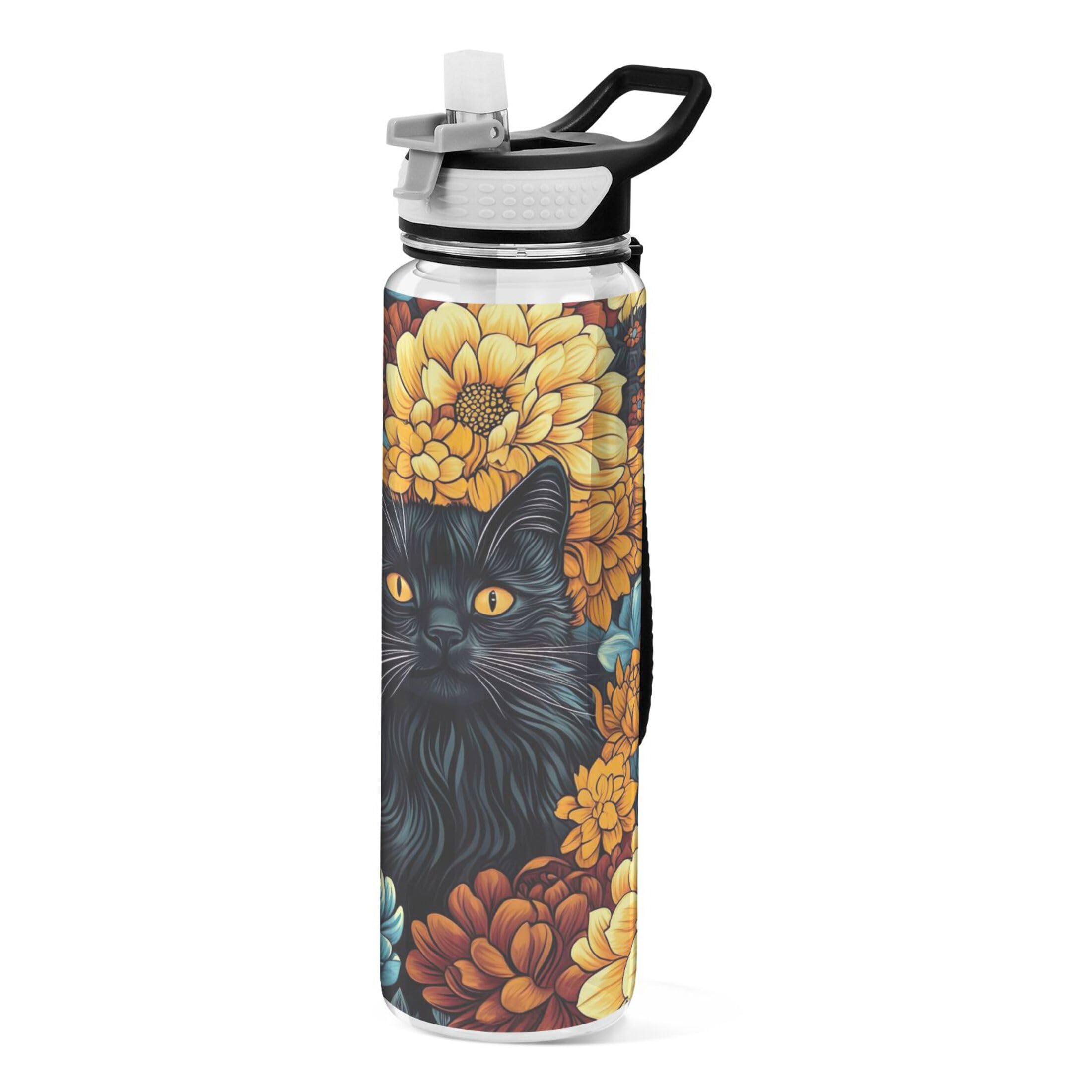 Sevdomey Black Cat Water Bottle With Straw Lid Clear Leakproof Gym Water Bottles For Outdoor Sport Drinking Fitness Workout Travel, 32 Oz