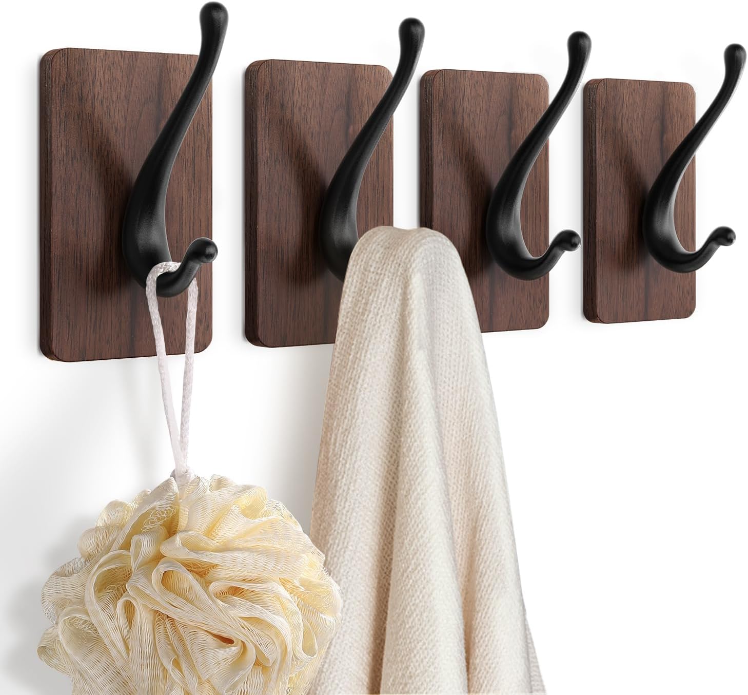 Towel Hooks, Adhesive Wall Hooks for Hanging, 2 Packs Wood Towel Hooks for Bathroom, RV, Kitchen, Closets, etc (Walnut - Black, 4 Pack)