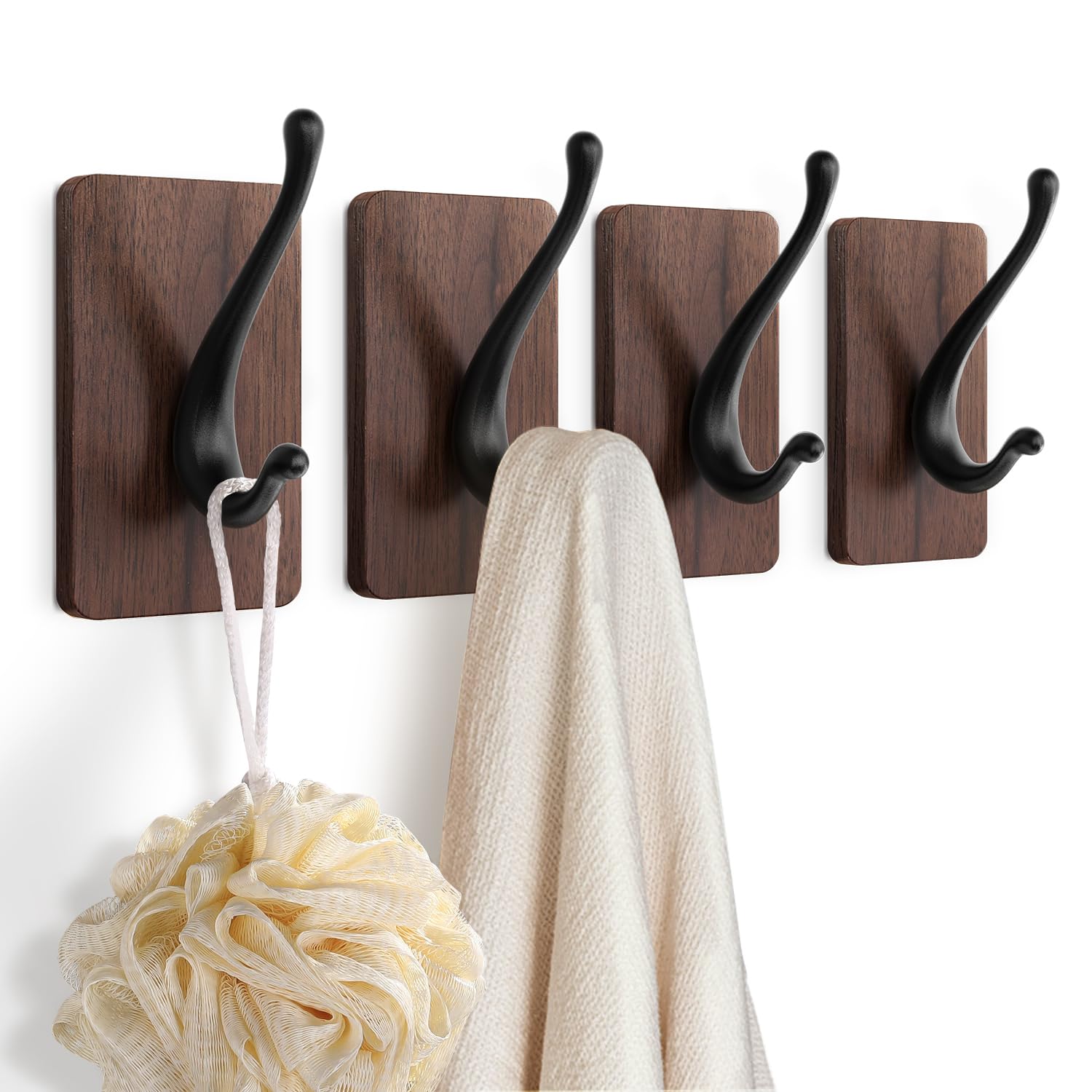 JCHOUS Towel Hooks, Adhesive Wall Hooks for Hanging, 2 Packs Wood Towel Hooks for Bathroom, RV, Kitchen, Closets, etc (Walnut - Black, 4 Pack)