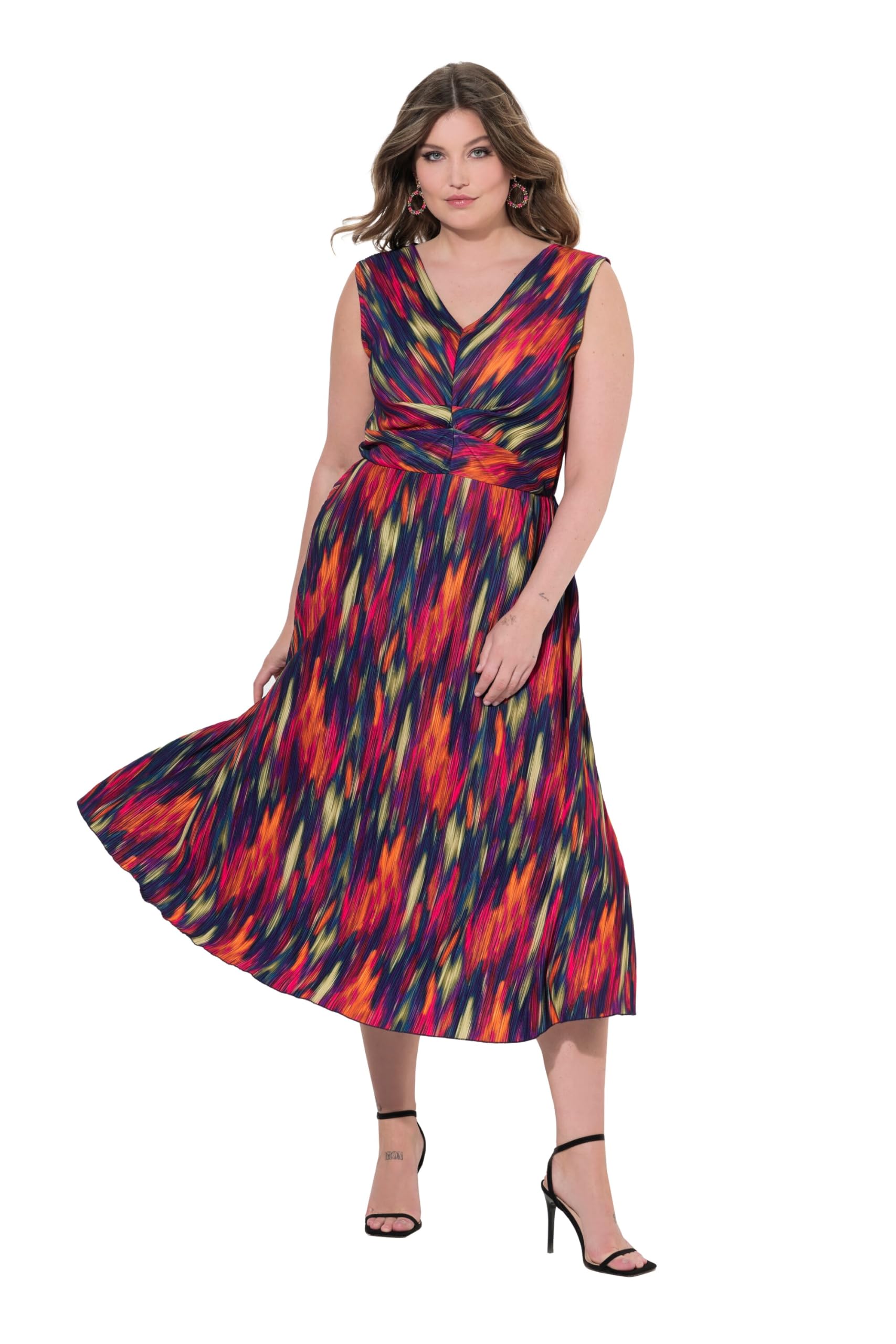 MIAMODA Damen große Größen Übergrößen Plus Size Plissee-Midikleid, ärmellos, Alloverdruck 841690