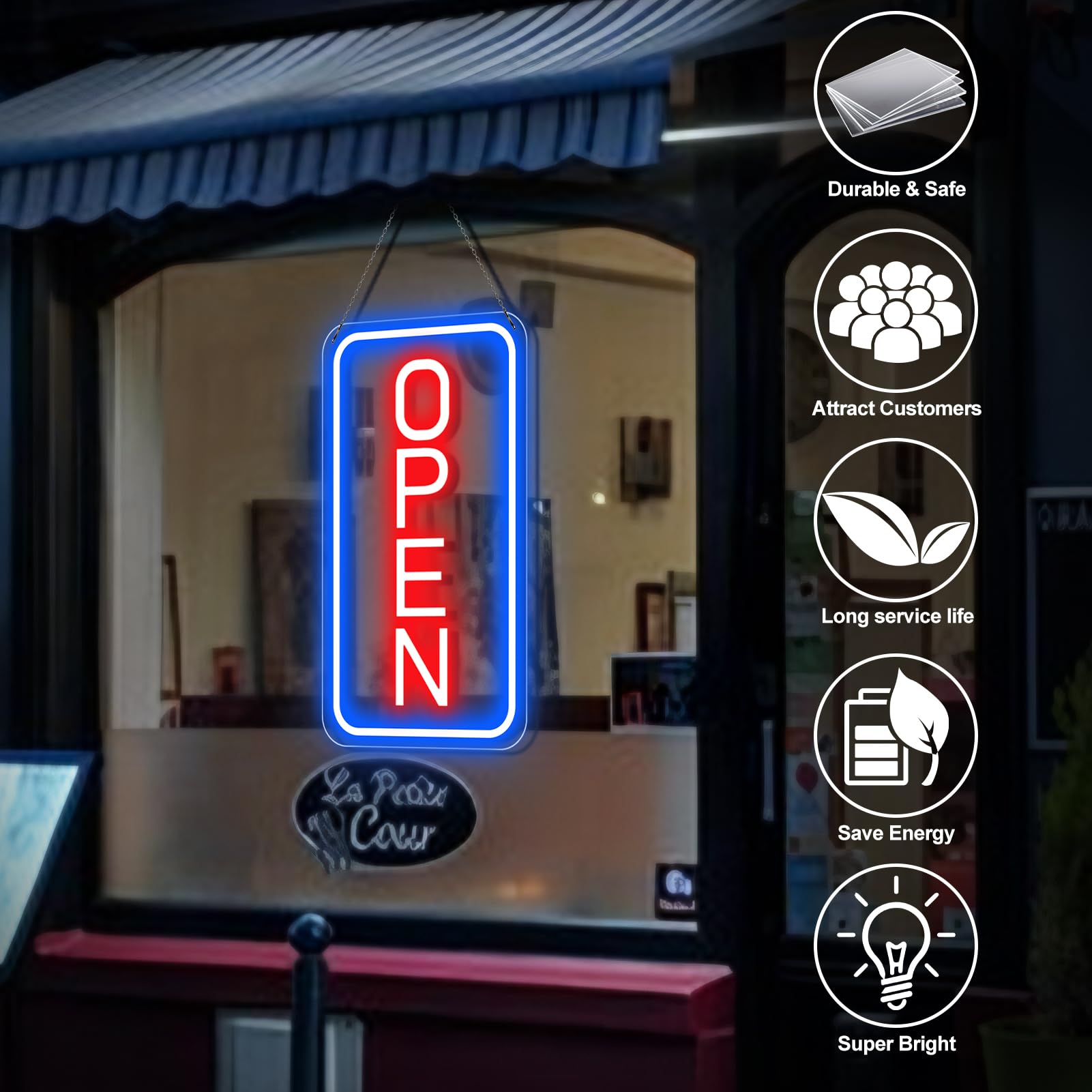 Ultra jasne znaki LED dla biznesu, 40 x 23 cm, neonowy otwarty znak, pionowy znak świetlny z adapterem ON/OFF do okien, barów, kawiarni, hoteli, kwiaciarni, klubów, restauracji, salonów fryzjerskich