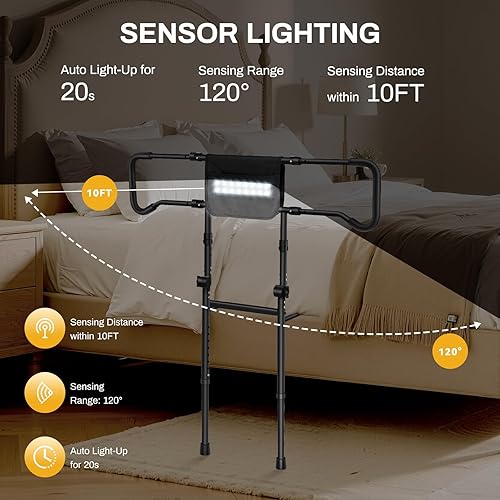 Miniatura 4 de WARDIX Bed Rails for Elderly Adults Safety with Motion Sensor Light & Extending Non-Slip Handle, Adjustable Bed Assist Rail, Support Handles Guard