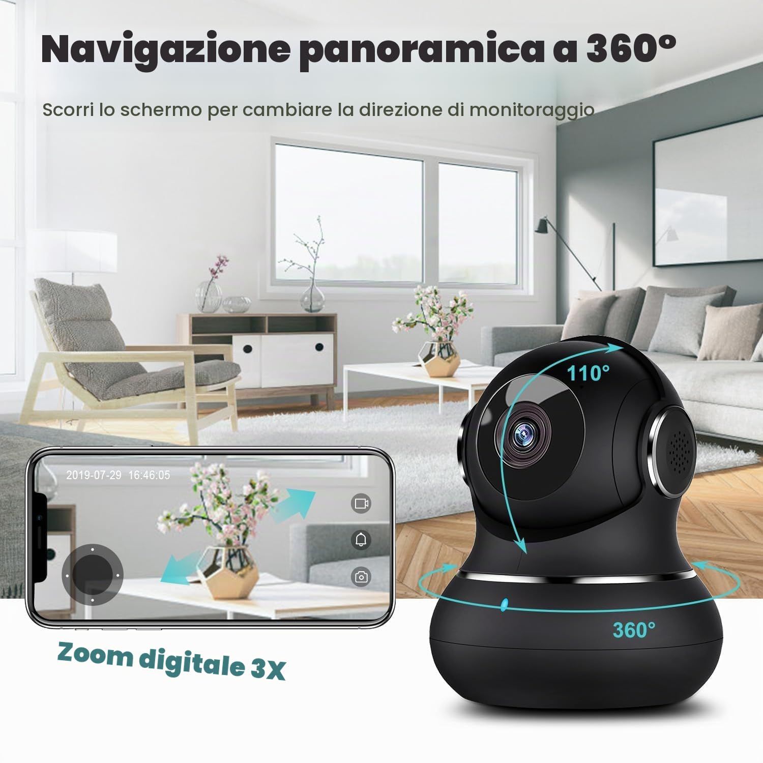 litokam Telecamera Wi-Fi Interno, Videocamera Sorveglianza Interno Pan/Tilt Rotazione a 360°, 2K Videocamera di Sorveglianza con Visione Notturna, Tracciamento del Movimento e Audio Bi-direzionale