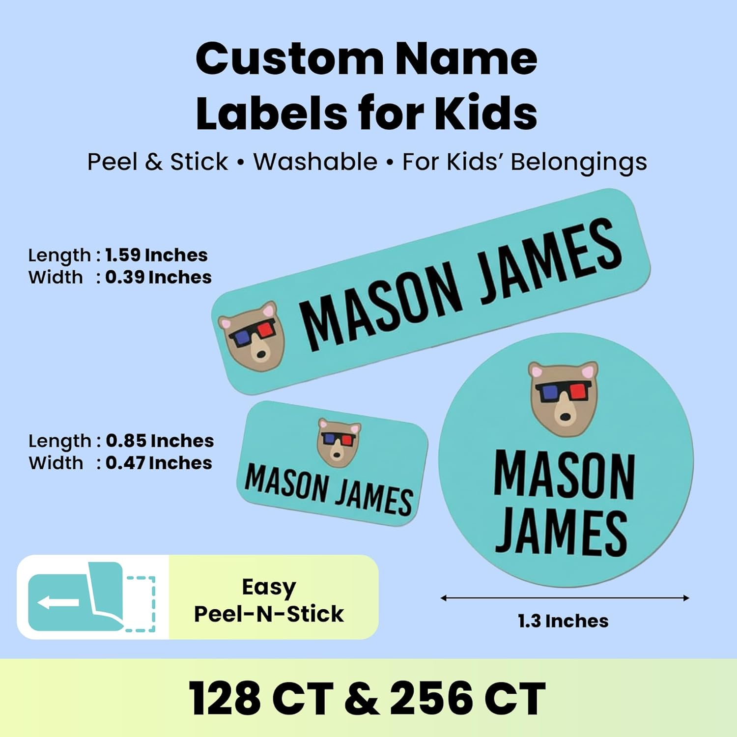 Label Daddy Personalized Name Labels for Boys – Washable Custom Name Tags – Premium Waterproof Labels for School, Clothing, Lunch Boxes, Summer Camps & More – 128 Ct & 256 Ct | Bear Design