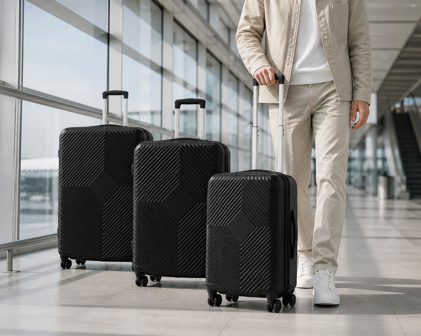Set Valigie Rigide 3 Pezzi ABS Nero – Trolley Cabina 20”, Media 24”, Grande 28” – Ruote 360°, Lucchetto TSA, Manico Telescopico – Leggere, Resistenti, Valigie Viaggio