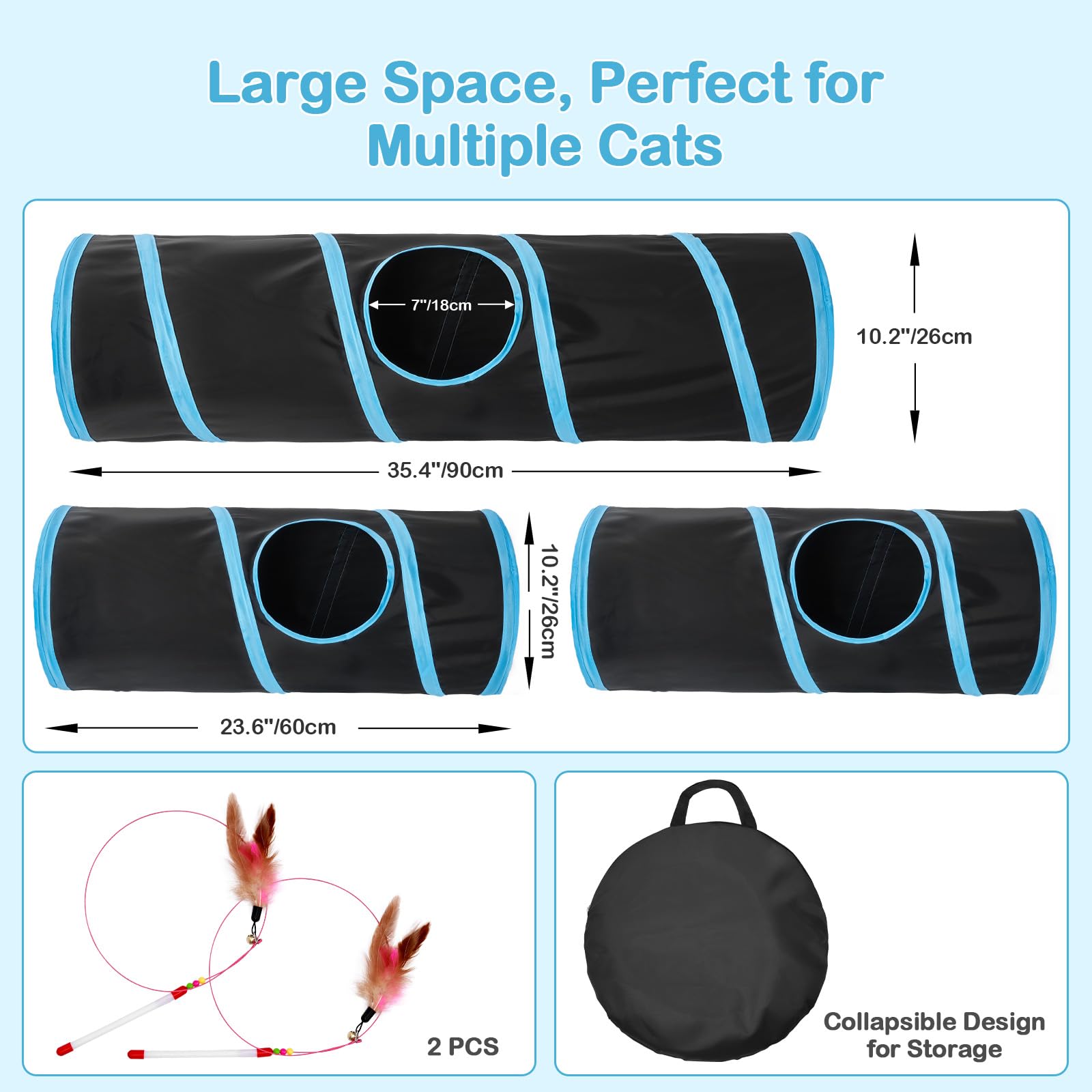 Tunnel pour chat - 3 tunnels droits pour animaux de compagnie - 6 formes à faire soi-même avec baguette - Résistant aux rayures - Tubes pliables pour chiots d'intérieur - Chaton - Lapin - Noir - 208,3
