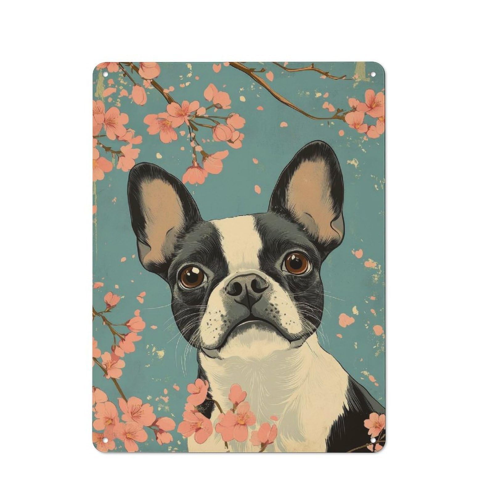 Junmoney Boston Terrier With Cherry Blossoms Art Bost 40X30cm Rustic Tin Sign With On Terrier Art For Home Office Or Studio, For Metal Sign Collectors, For Garage And Workshop Walls