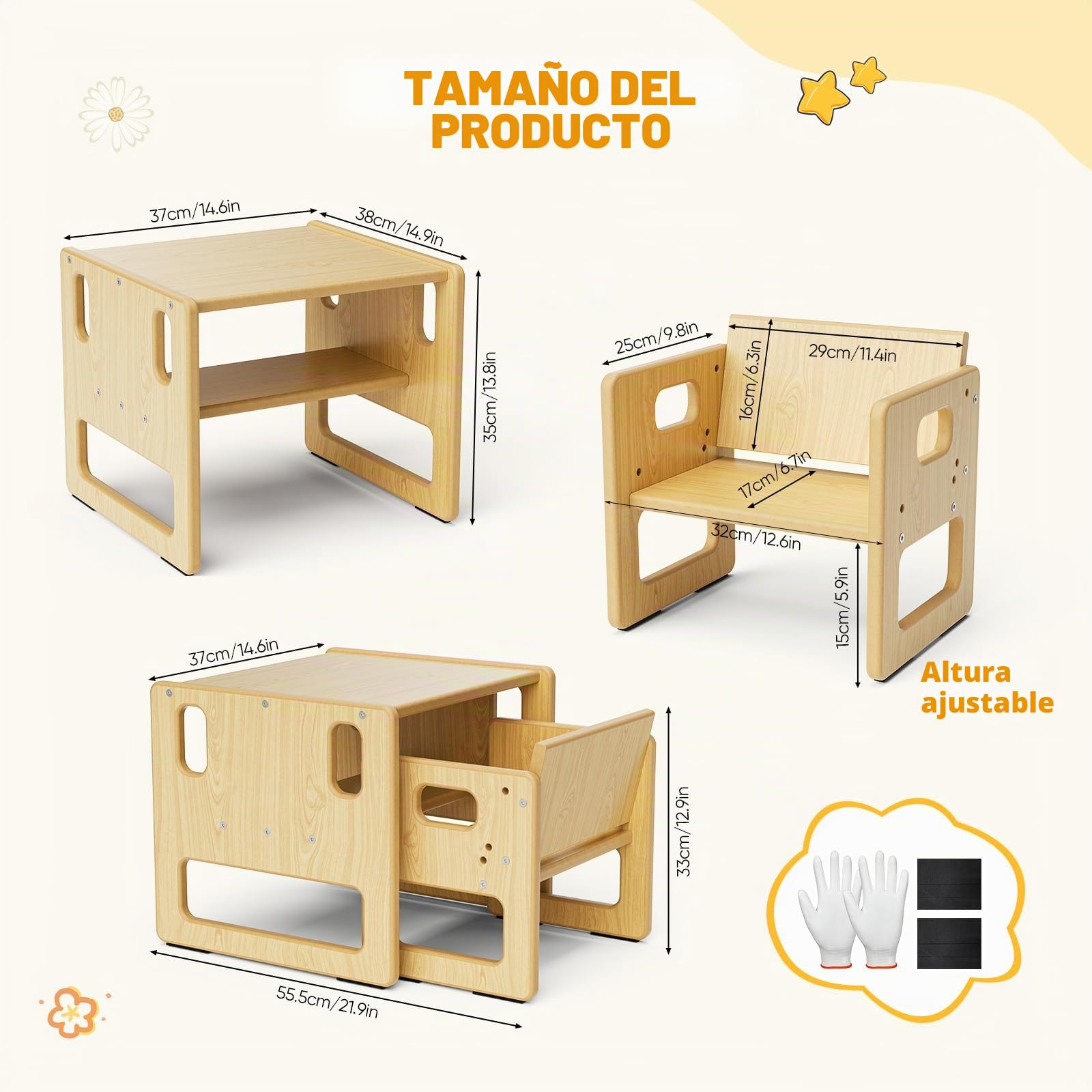 Mesa y Silla para Niños, Mesa de Madera Montessori con Almacenamiento, Adecuada para Niños para Leer, Jugar, Comer