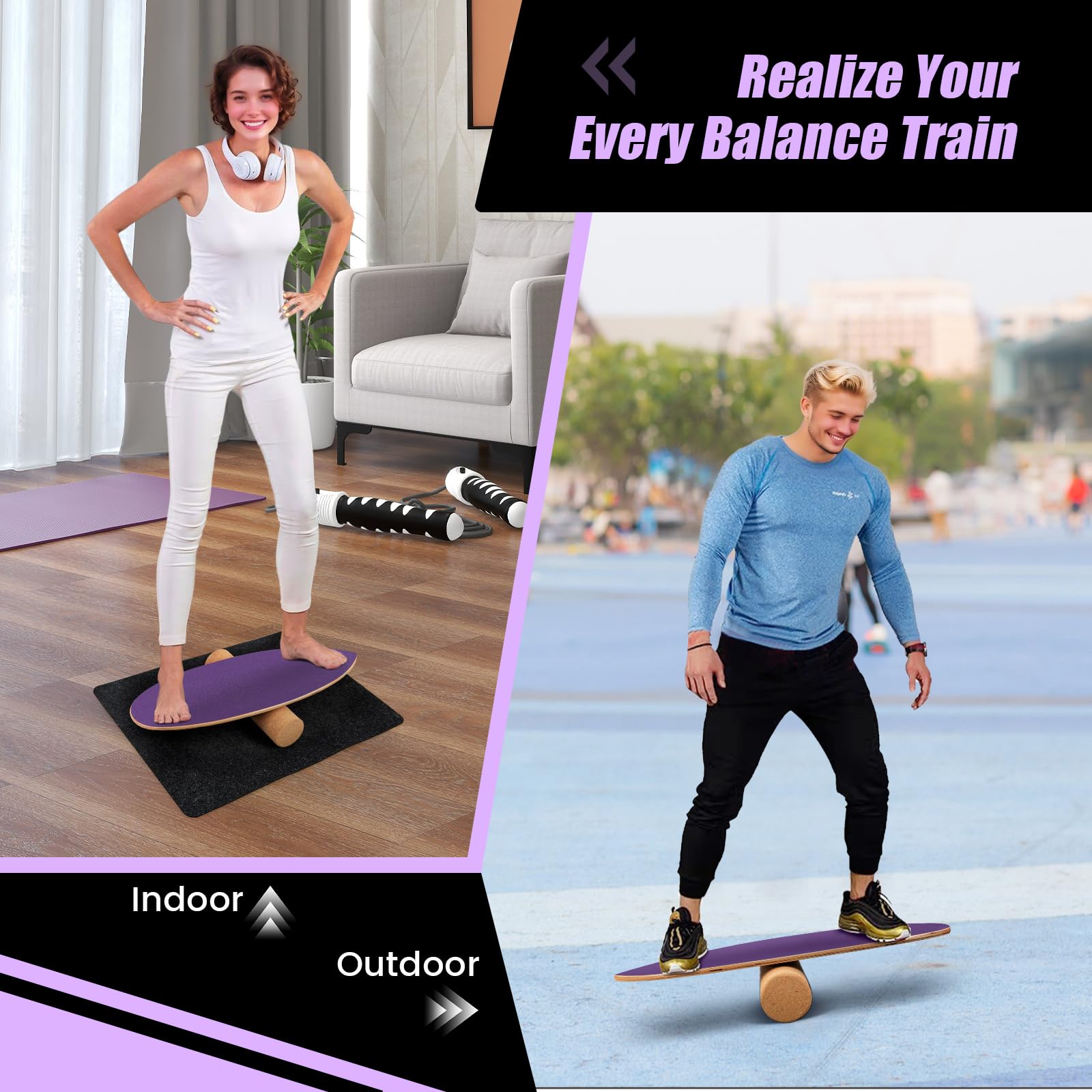 FANTASK Holz Balance Board, Balancebrett, Balance Trainer Trickboard für zuhause, inkl. Korkrolle, Balance-board aus 8 hochwertigen Holzschichten gepresst, Lila