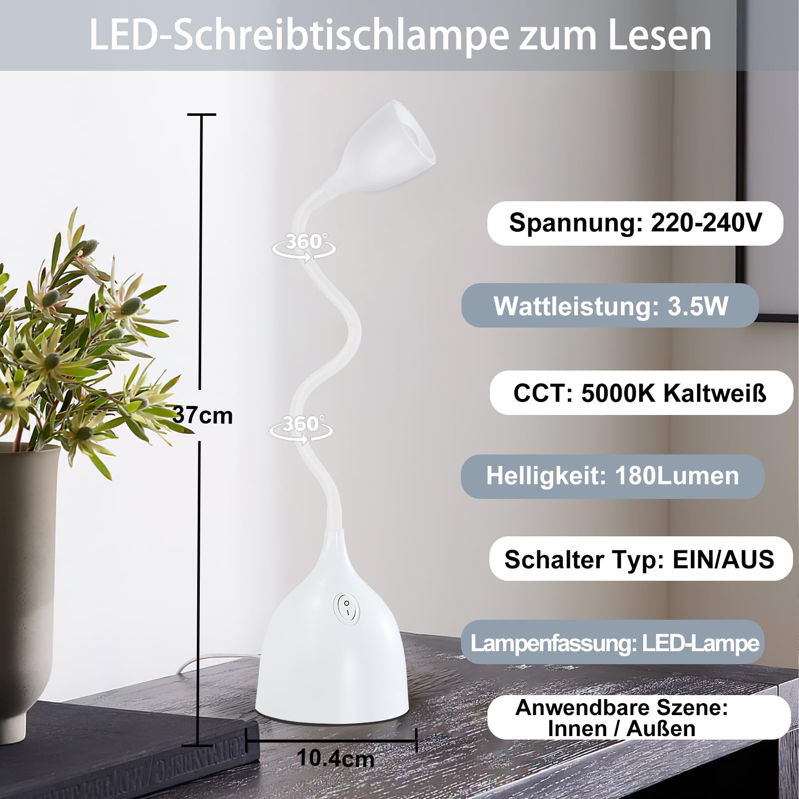 GyroVu Schreibtischlampe Weiß, LED Tischlampe, Klein Einstellbar Flexibler Gänsehals Leselampe, Non-flickering 5000K Schreibtischleuchte Augenschutz für Studentenwohnheim, Büro, Haus
