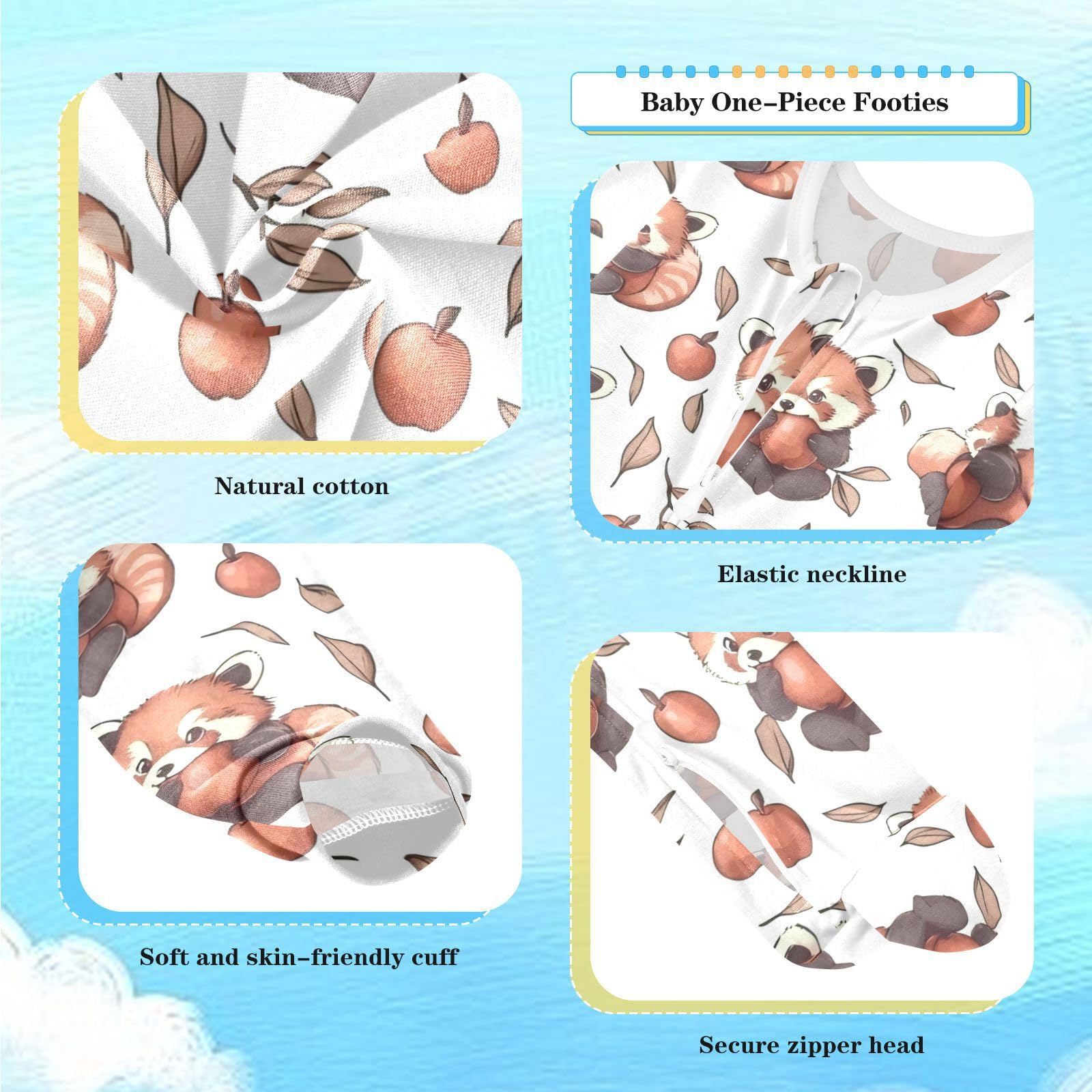 vvfelixl Baby Sleepers Cartoon Cute Red Panda Eat Fruit Baby Onesie Clothes for Girl Boys One-Piece Footies for 3-6 Months