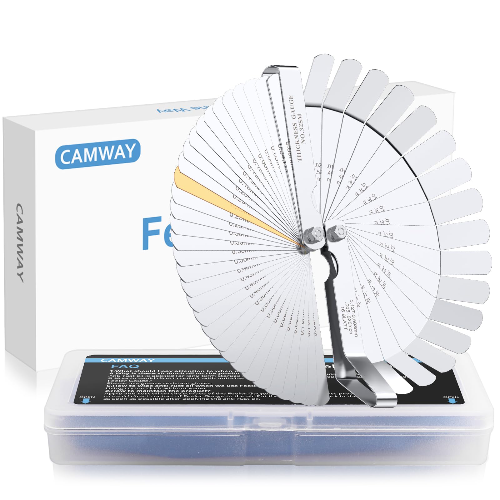 CAMWAY Stainless Steel Feeler Gauges - 0.04-0.88mm 32pcs Straight and 16pcs Bent 45º Blades Feeler Gauge for Automotive Motorcycle Valve Adjustment,Spark Plug,Engine Gaps Thickness Measuring Tools