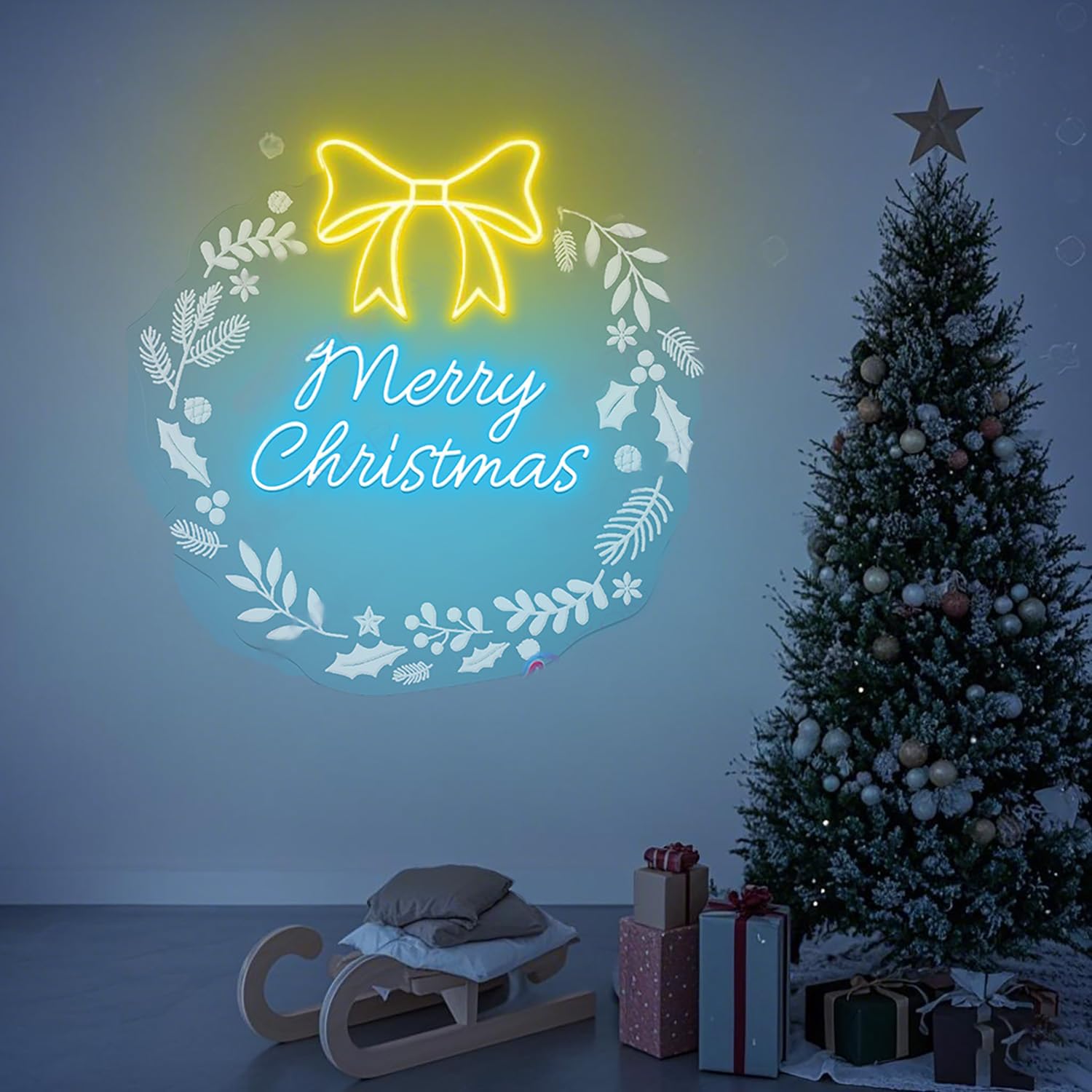Merry Christmas LED 3D Engraved Neon Sign USB Adjustable Brightness Living Room Bars Barbers Pub Wedding Party Salon Gatherings Gaming Room Man Cave Christmas Art Wall Decor