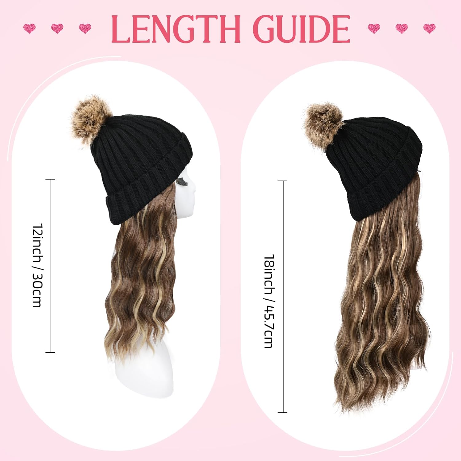 HOOJIH Knitted Beanie Wig, Hat Hair Extension Long Wavy Curly Black Hat Wig with Faux Fur Pom Hat Attached 18 Inch Synthetic Hairpiece for Women Girls Winter - Light Brown with Medium Golden Blonde