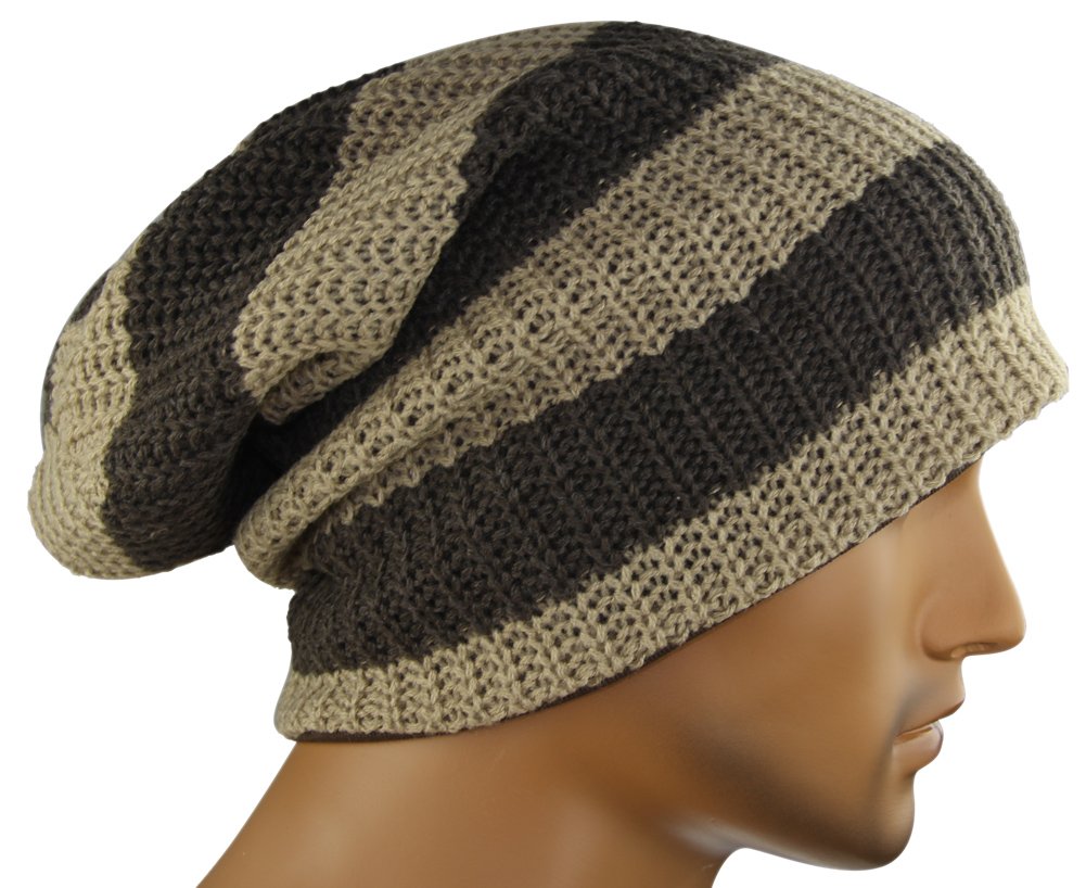 minakolife Mens Striped Slouch Large Oversize Beanie Warm Skull Cap Khaki