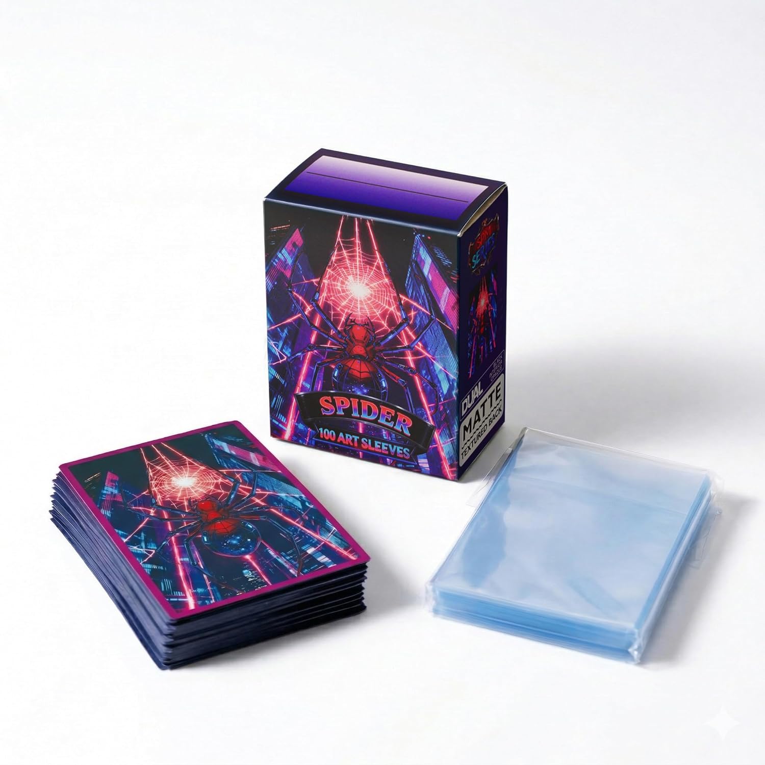 100+100 Double Sleeve Bundle - Matte Art Card Sleeves & Tight Fit Inner Sleeves, Acid-Free Standard Size Deck Protectors with Storage Box, Compatible with MTG/PKM TCG ((Spider)