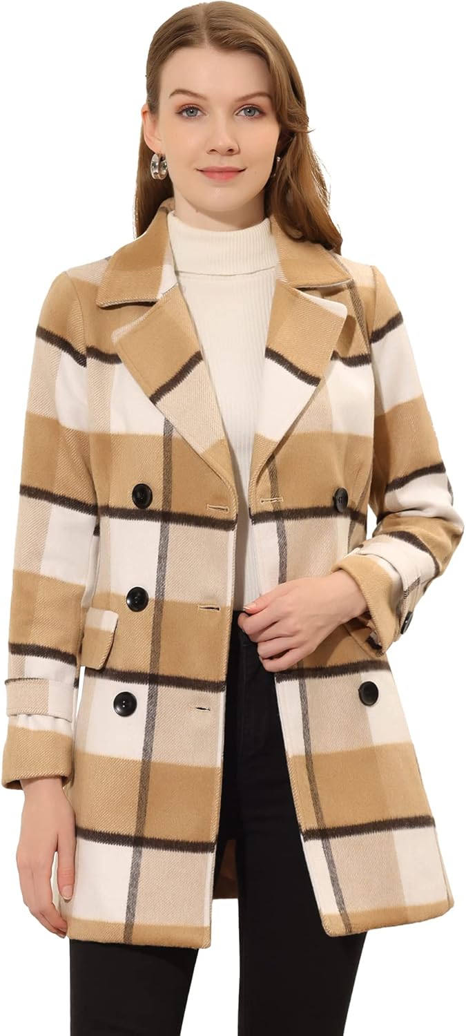 Allegra K Women's 2025 Winter Notched Lapel Pea Coat Classic Buffalo Checks Double Breasted Plaid Coat