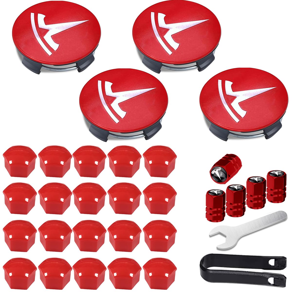 Radkappen Set Kompatibel mit Tesla Model 3 / Model Y, 4 Nabenkappen + 20 Radmutterkappen, Radnaben-Mittelabdeckungen Radmutterkappen, Radkappen-Kit mit Tesla-Logo - Rot