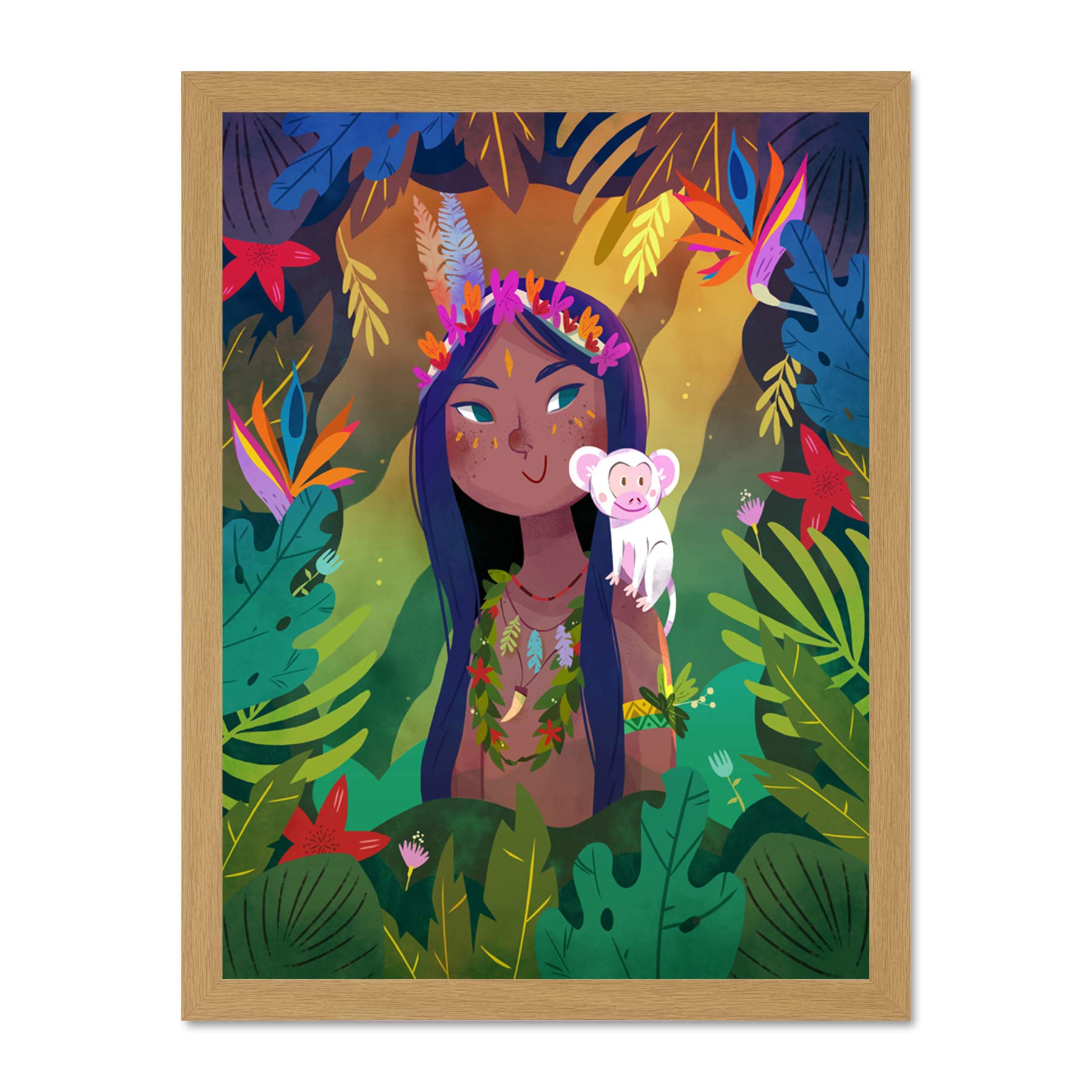 Wee Blue Coo Jungle Girl Flowers Monkey Wall Large Framed Art Print Poster Wall Decor 18x24 inch