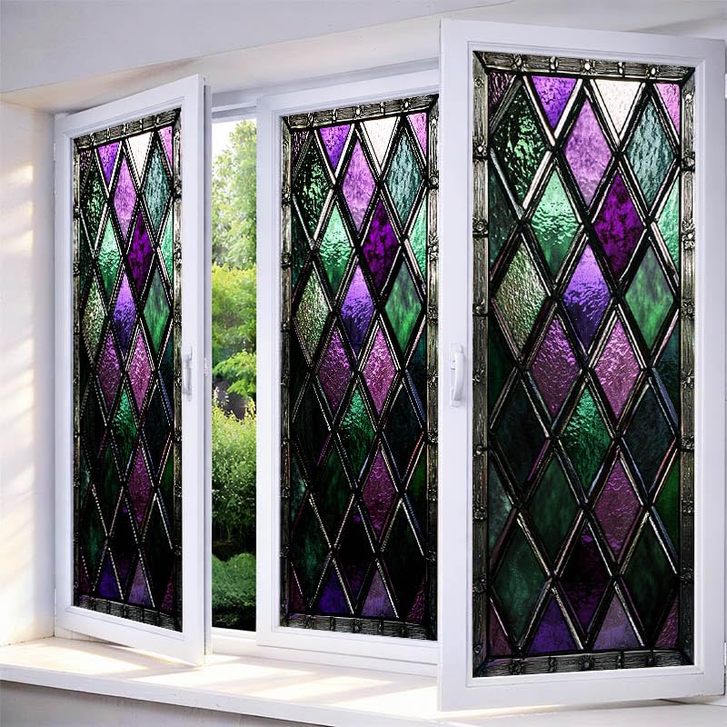 IVN Privacy Window Film Stained Glass Window Cling Purple Green Diamond