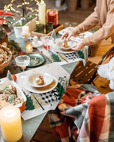 Miniatura 3 de Juego de 6 manteles individuales de Navidad a cuadros con diseño de árbol de Navidad, diseño de copo de nieve dorado, lavable, para comedor, cocina,