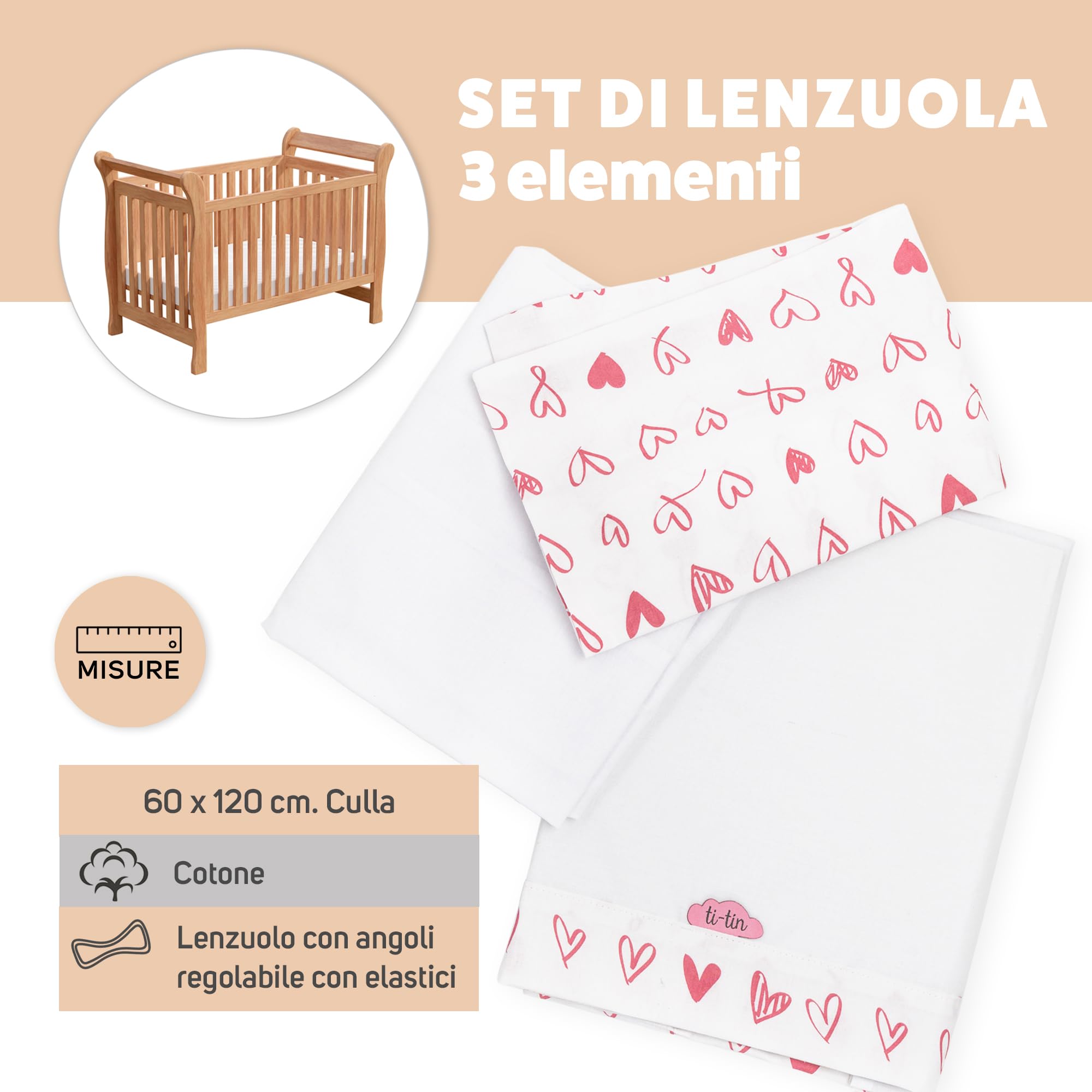 Ti TIN | Set Per Culla con Lenzuolo con Angoli, Lenzuolo, Federa, 100% Cotone | Set di 2 Lenzuola e 1 Federa | 60x120 cm