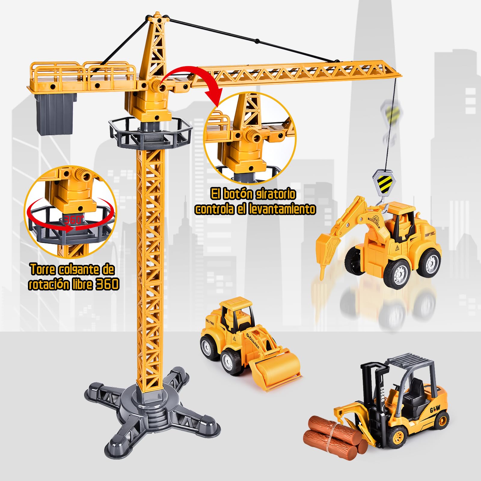 Herefun Vehículos Construcción Grandes, Camión y Grúa Con Sonido, Juguete Transportador Para Niños 3,4+
