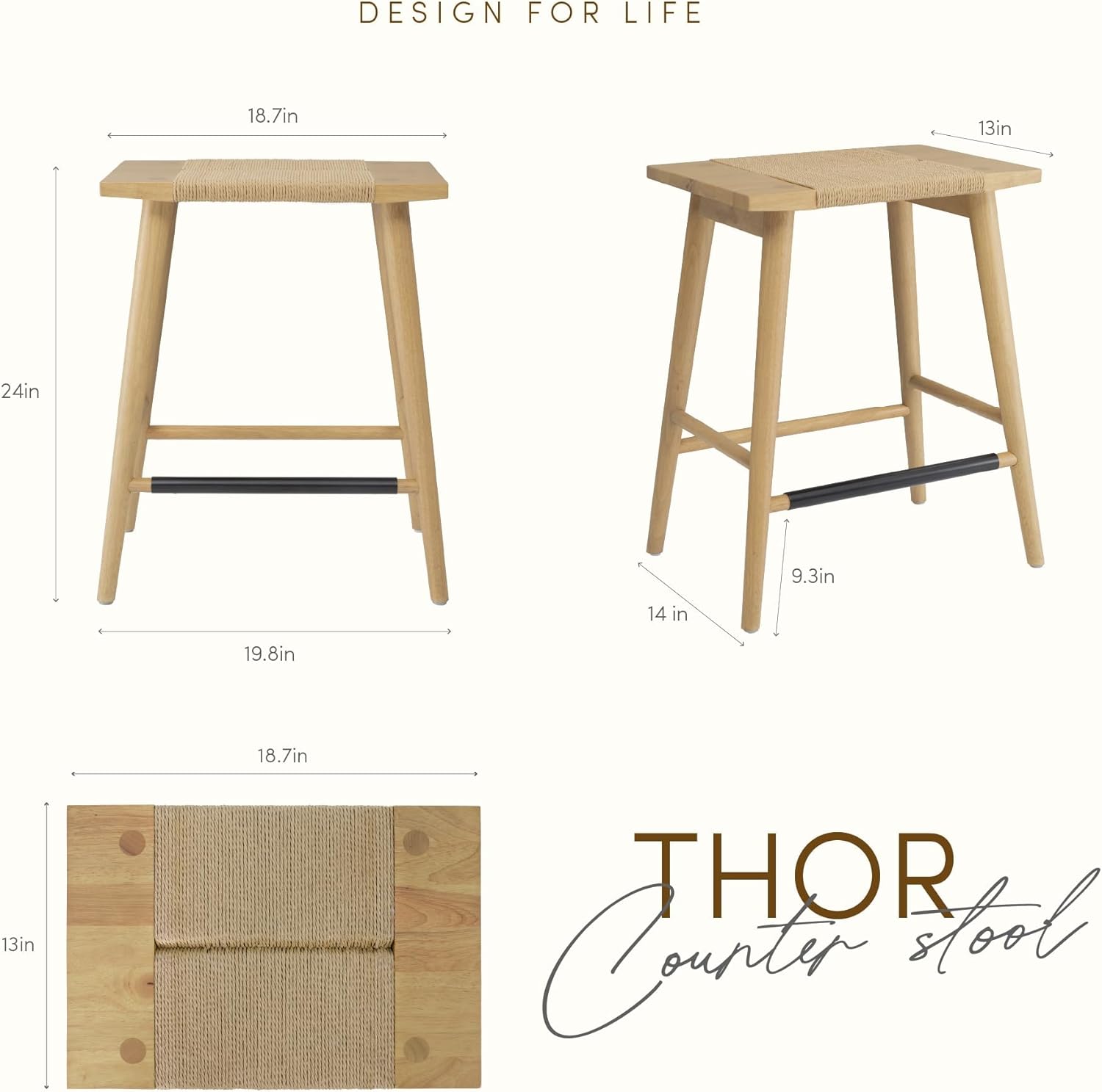 Thor Wicker Premium Solid Wood Counter Stool 24", Backless Counter Height Seating with Hand-Knitted Rope, Eco-Friendly Modern Design (Light Oak)