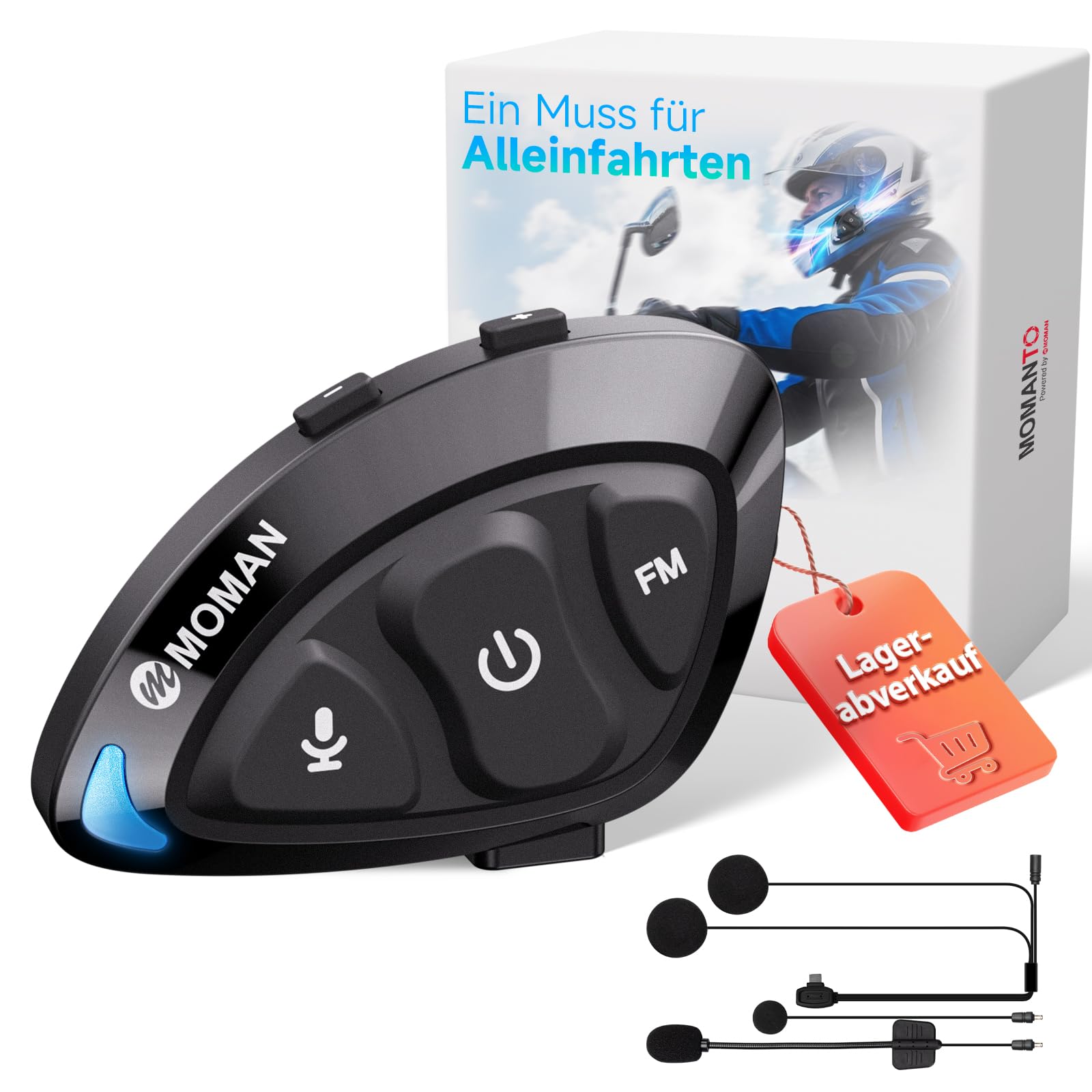 Moman Bluetooth Kommunikationssystem für Motorradhelme, Mono-Headset mit Hi-Fi Lautsprechern & Geräuschunterdrückung, FM-Radio, KI-Sprachassistent, Freisprechen, IPX6 wasserdicht (Einzelfahrer)