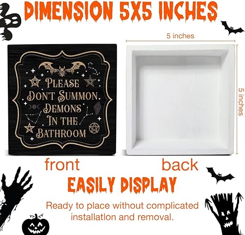 Miniatura 2 de Letrero decorativo de Halloween para Halloween, baño, madera, murciélagos, decoración de casa de campo, mesa y escritorio (5 x 5 pulgadas)