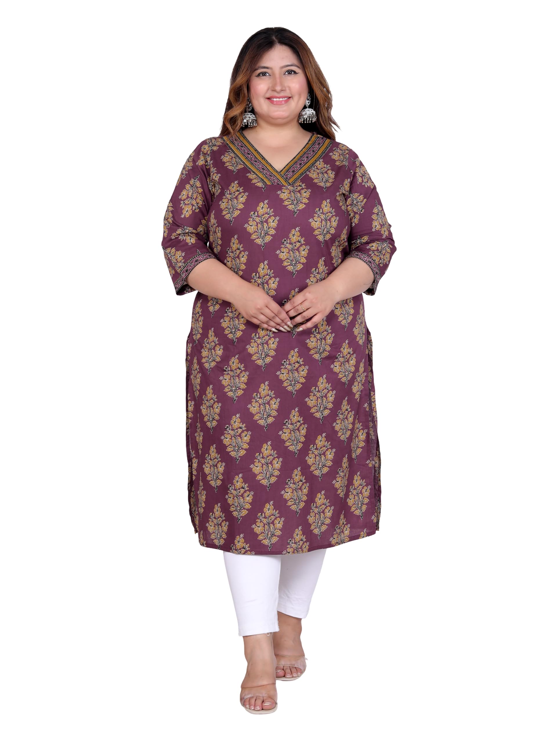 Women's Purple Floral Printed Cotton Straight Kurta – Plus Size-image-46