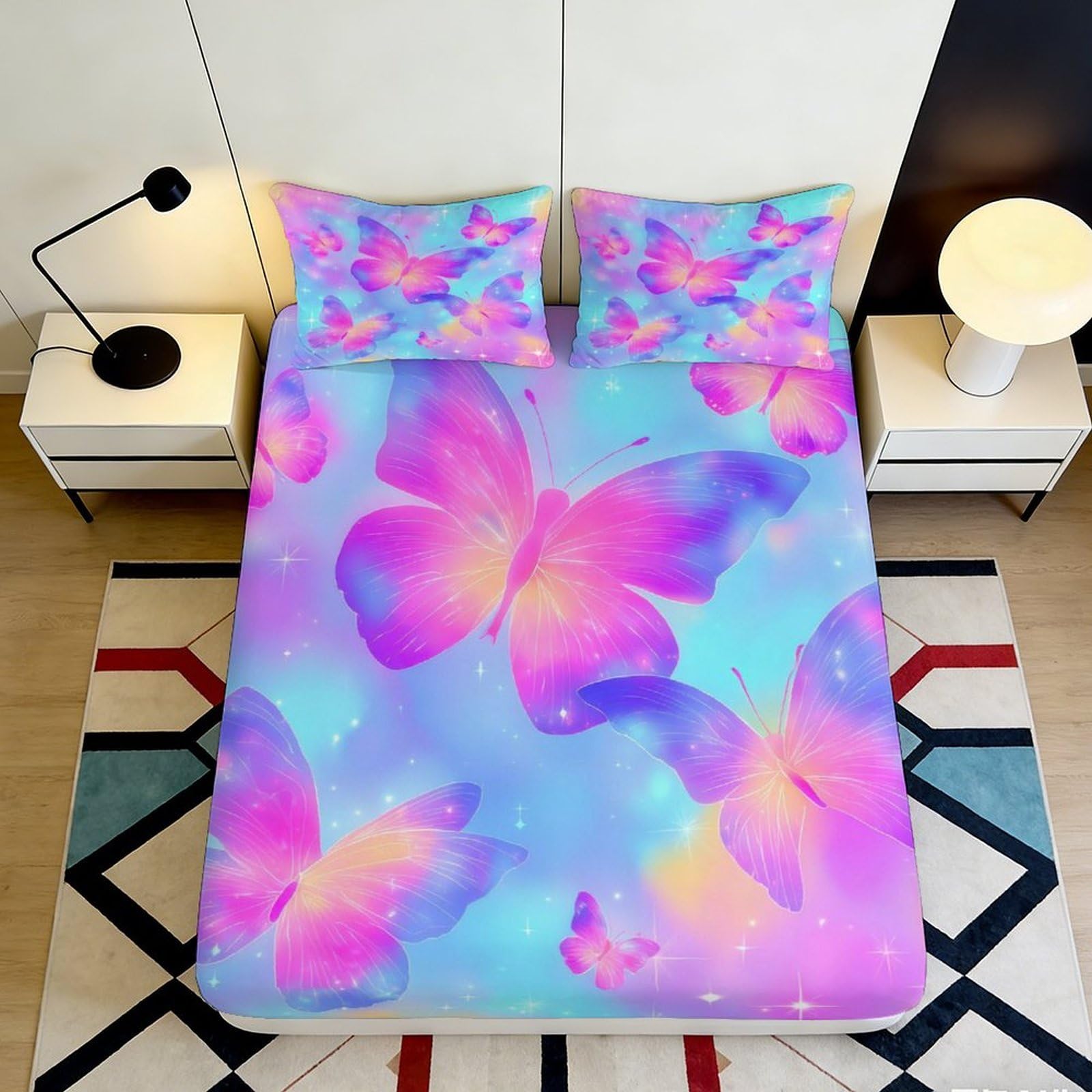 Wtorimpel Style-9 3D Printed Butterfly Fitted Sheet Microfiber Deep Pocket Non-Slip Bedding Set For Bedroom Butterfly Mattress Fitted Cover Washable 200X200x25cm