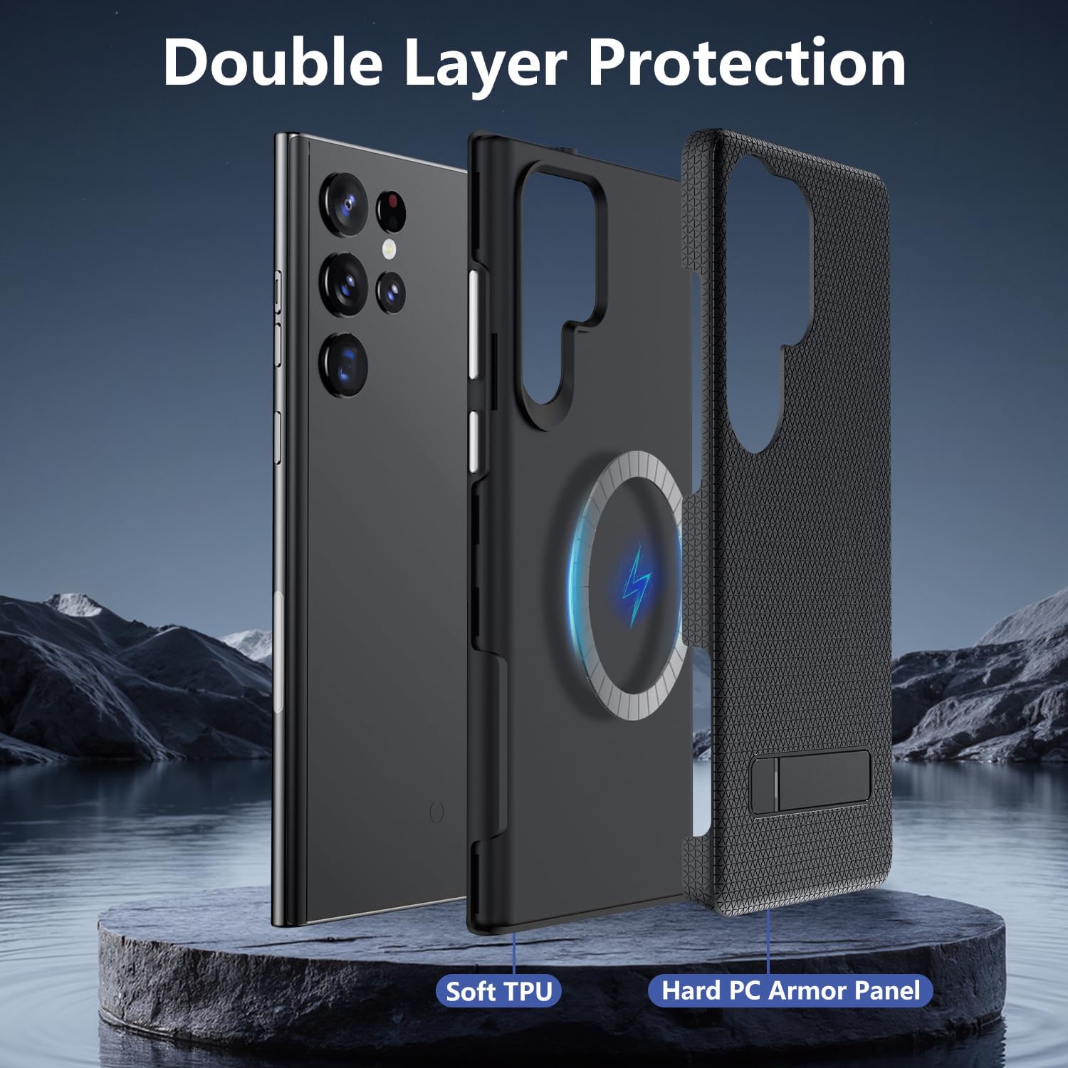 for Samsung Galaxy S24 Ultra Magnetic Case, [Fit for Magsafe] Military Grade Dual-Layer Shockproof Protective with Non Slip Textured Back, Phone Case with Kickstand for S24 Ultra (Black) - Image 4