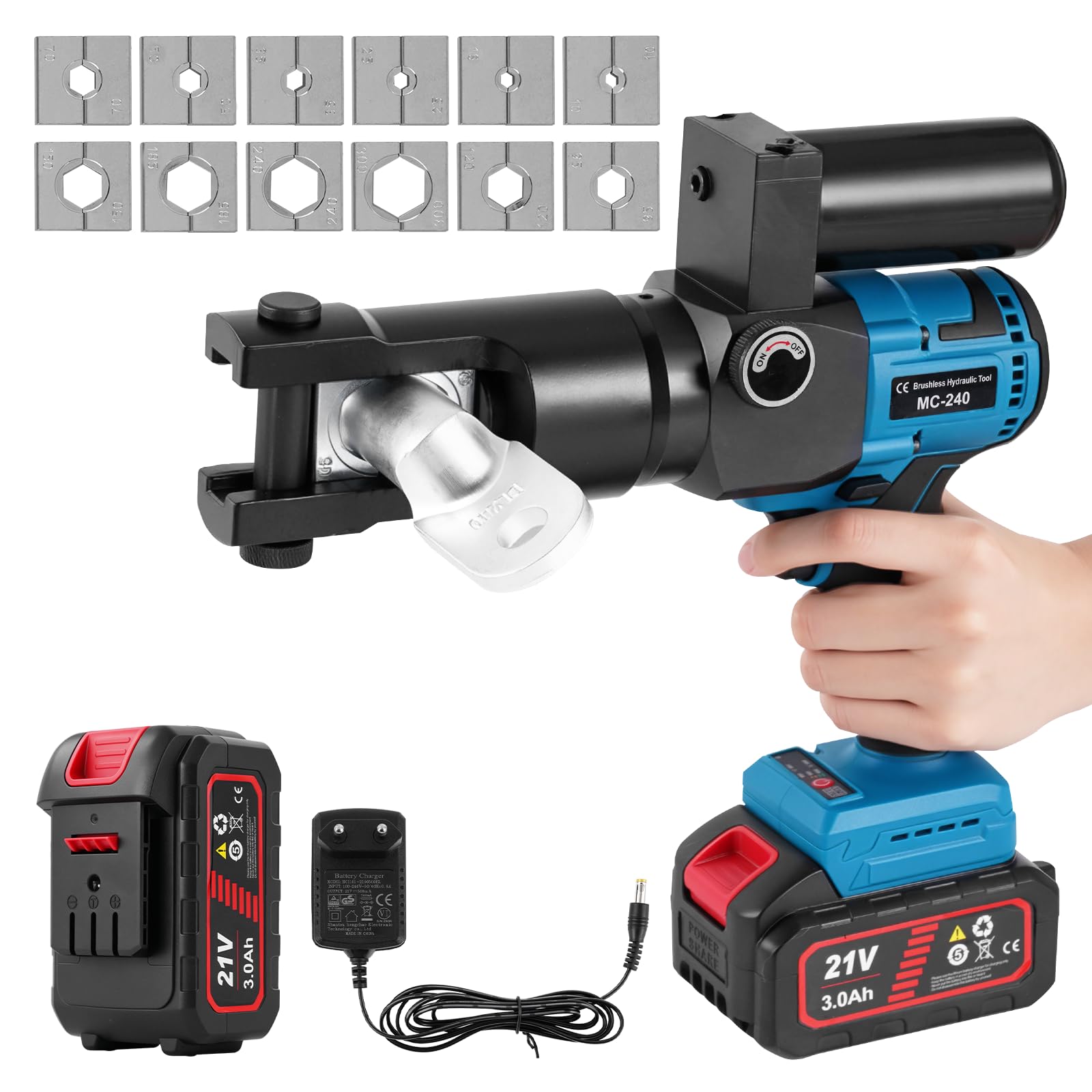 MXBAOHENG Pince à sertir hydraulique rechargeable 21 V avec 2 batteries 10-300 mm² - Cosses de câble hydrauliques électriques - Pour contacts en cuivre/aluminium