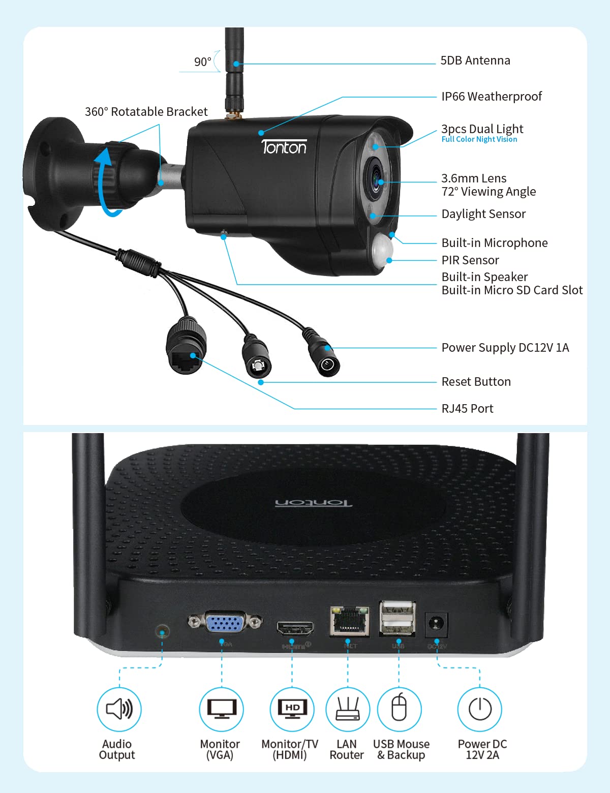 [LED Spotlight+czujnik ciepła PIR] Tonton 5MP kamera monitorująca WLAN system monitorowania 10CH NVR z 6 szt. 3MP kamera zewnętrzna bezprzewodowy dostęp online audio domofon na podczerwień/kolor